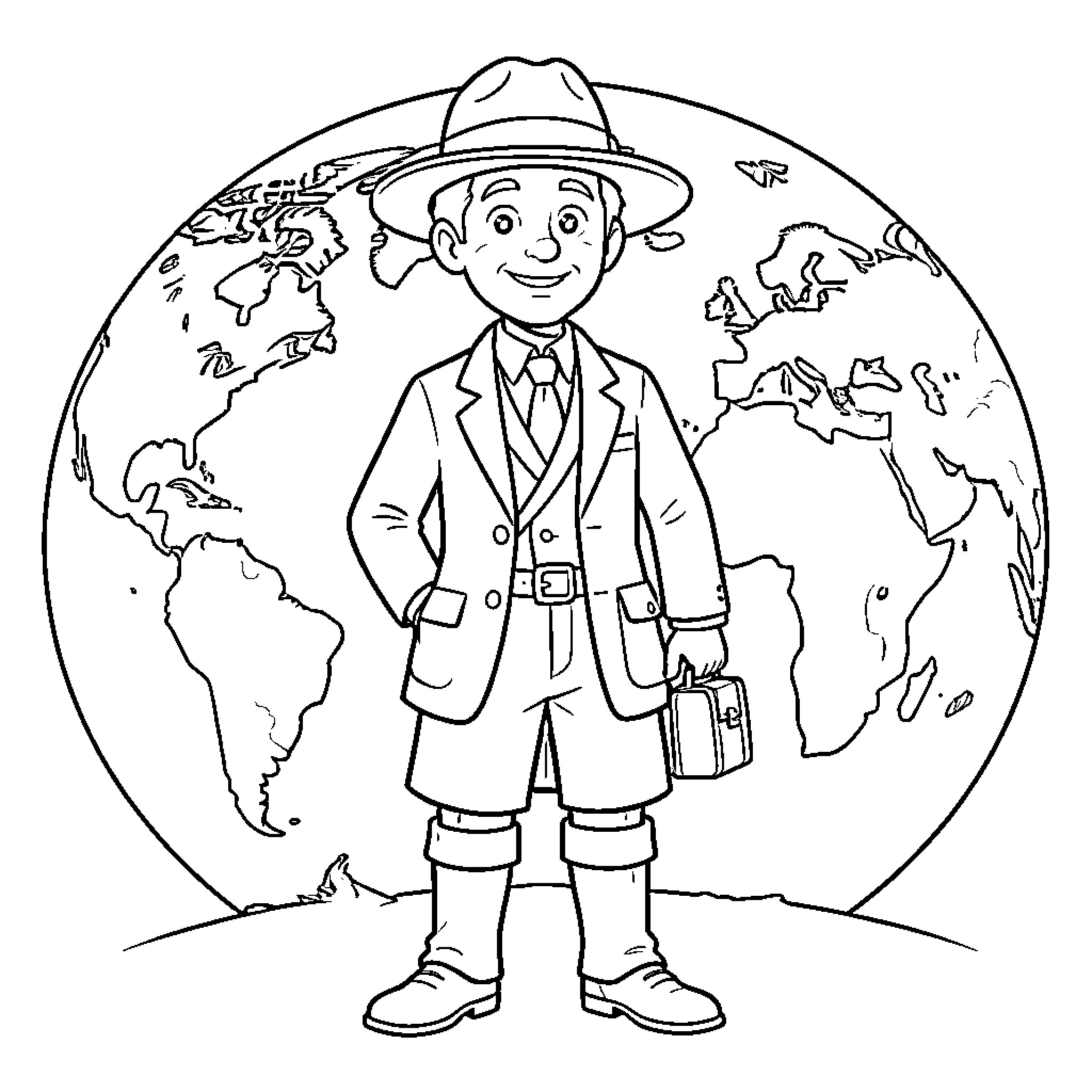 Willy Fogg standing confidently in front of the globe Coloring Page (free black-and-white line drawing printable PDF for all, from beginners to advanced learners, including children, teens, adults, and seniors)