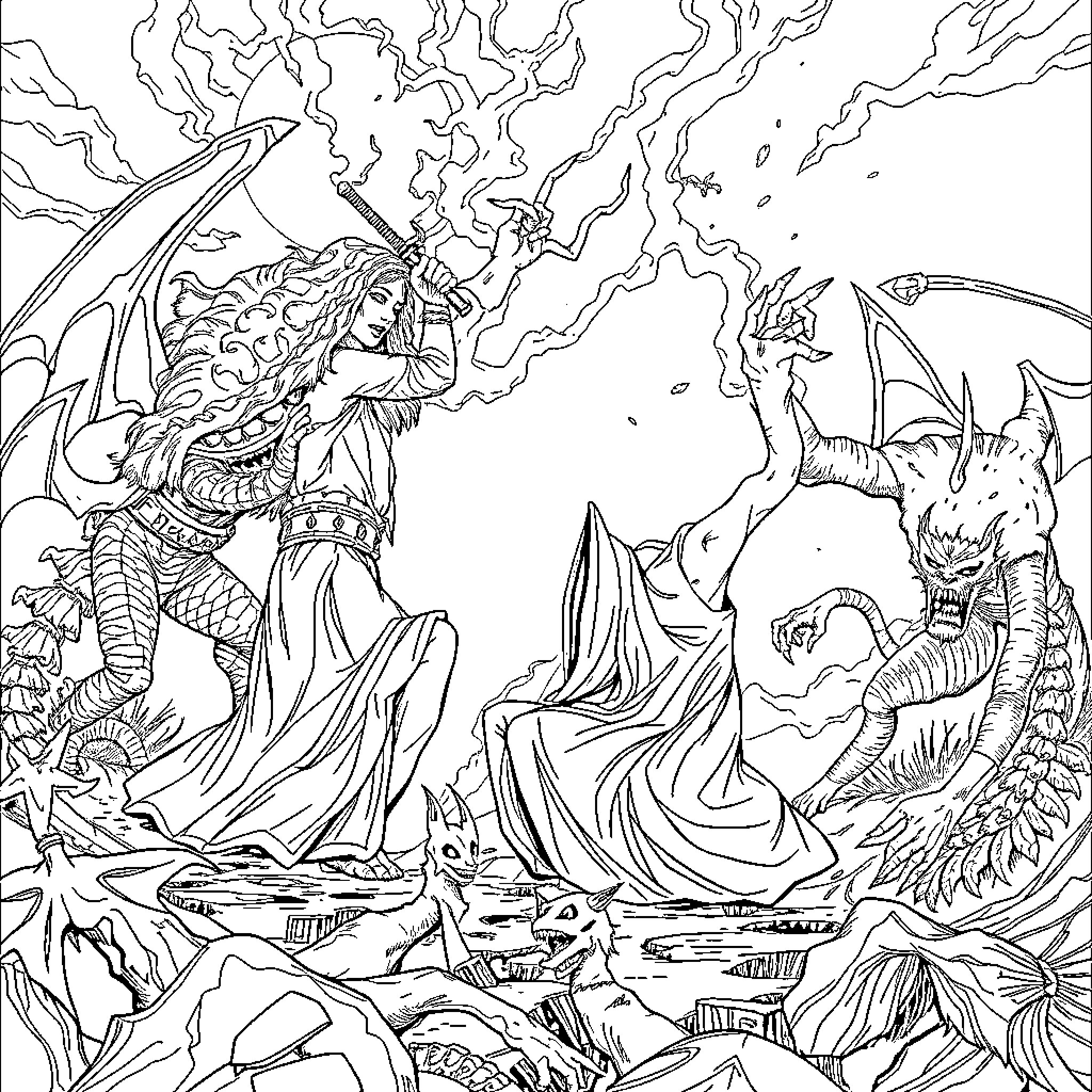 Rumi's Mystical Encounter with Fantastical Creatures Coloring Page (free black-and-white line drawing printable PDF for all, from beginners to advanced learners, including children, teens, adults, and seniors)