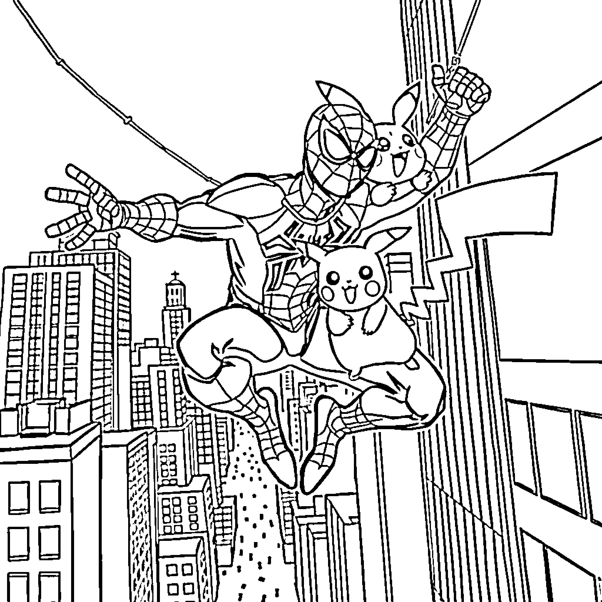 Spiderman swinging high above the city skyline Coloring Page (free black-and-white line drawing printable PDF for all, from beginners to advanced learners, including children, teens, adults, and seniors)