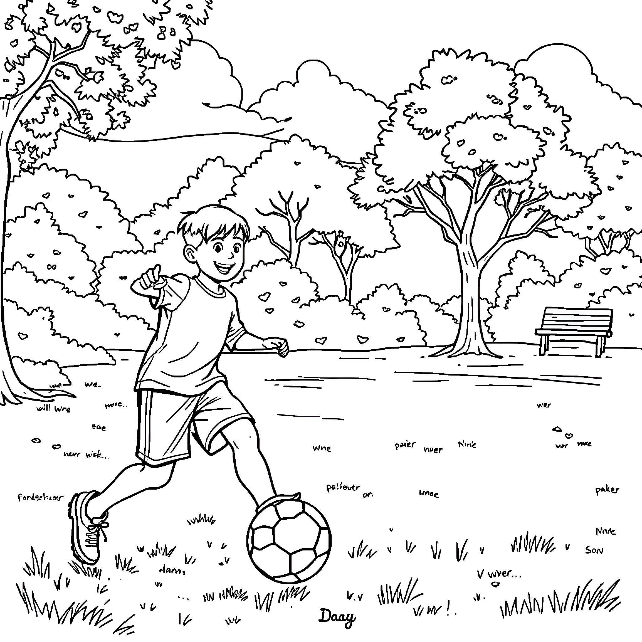 Dad kicking soccer ball in park with trees Coloring Page (free black-and-white line drawing printable PDF for all, from beginners to advanced learners, including children, teens, adults, and seniors)