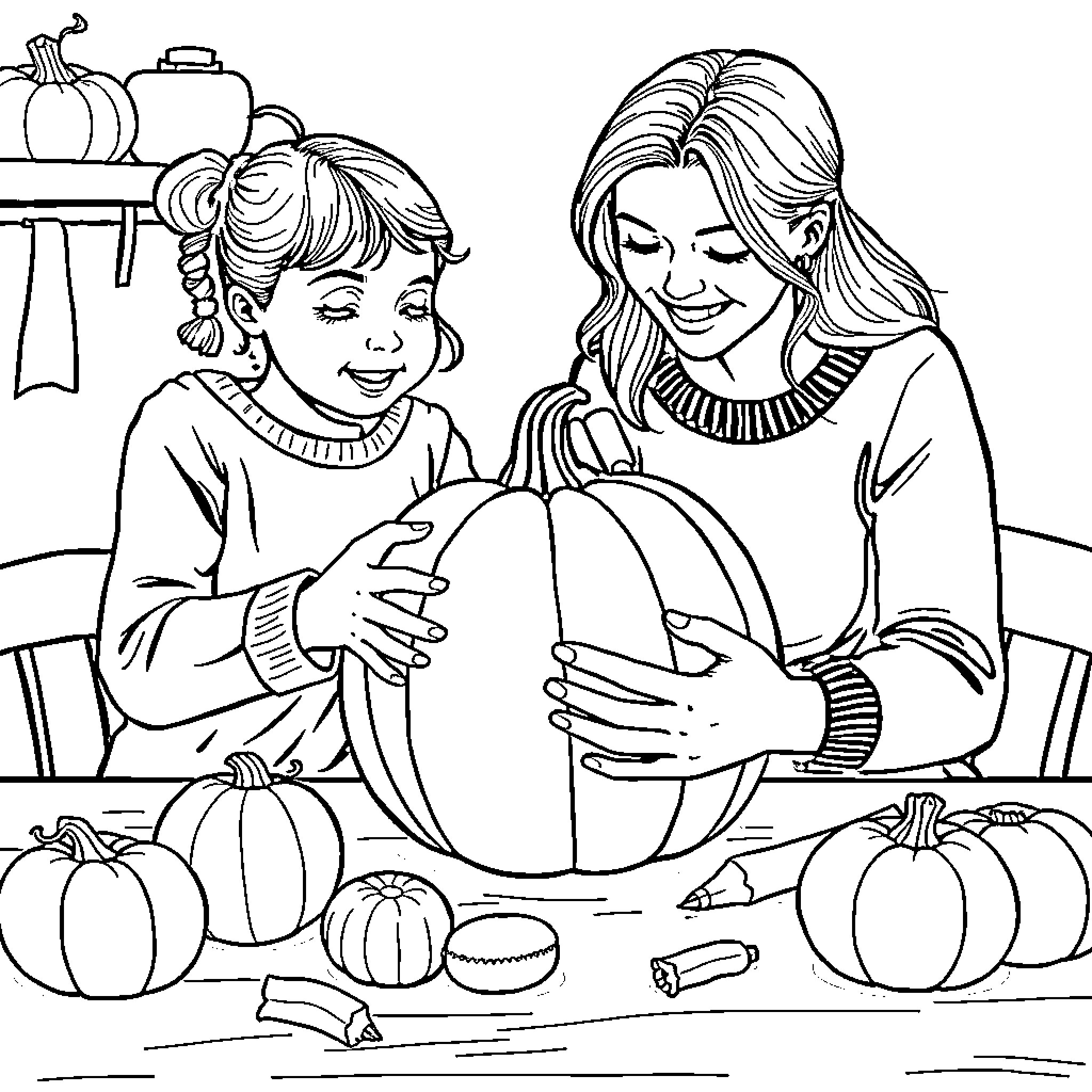 Pumpkin Carving with Mother and Child Coloring Page (free black-and-white line drawing printable PDF for all, from beginners to advanced learners, including children, teens, adults, and seniors)