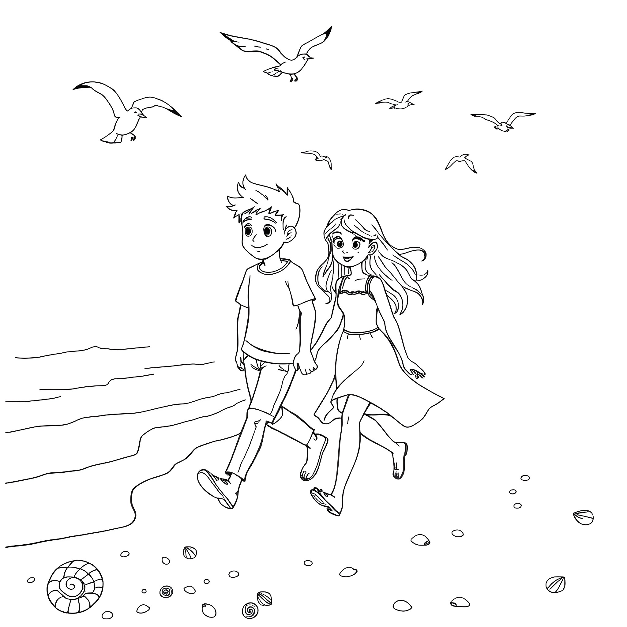 Jack and Sally walking together on the beach Coloring Page (free black-and-white line drawing printable PDF for all, from beginners to advanced learners, including children, teens, adults, and seniors)