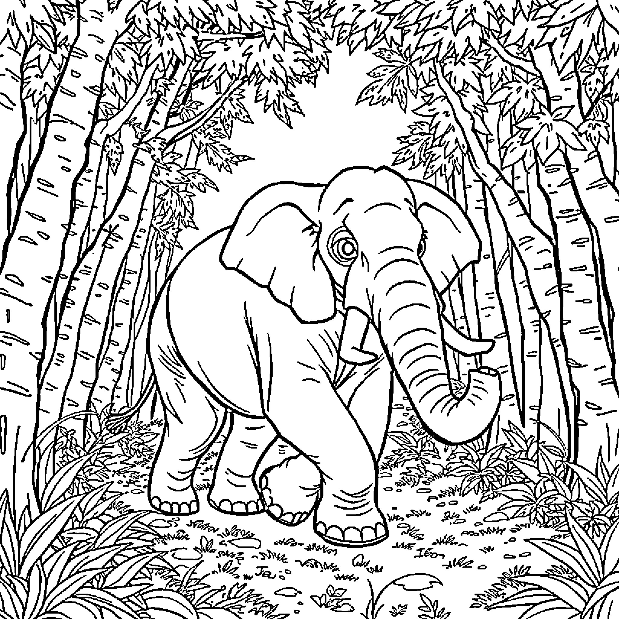 Pat Patrouille: Elephant Wandering in Lush Forest Coloring Page (free black-and-white line drawing printable PDF for all, from beginners to advanced learners, including children, teens, adults, and seniors)