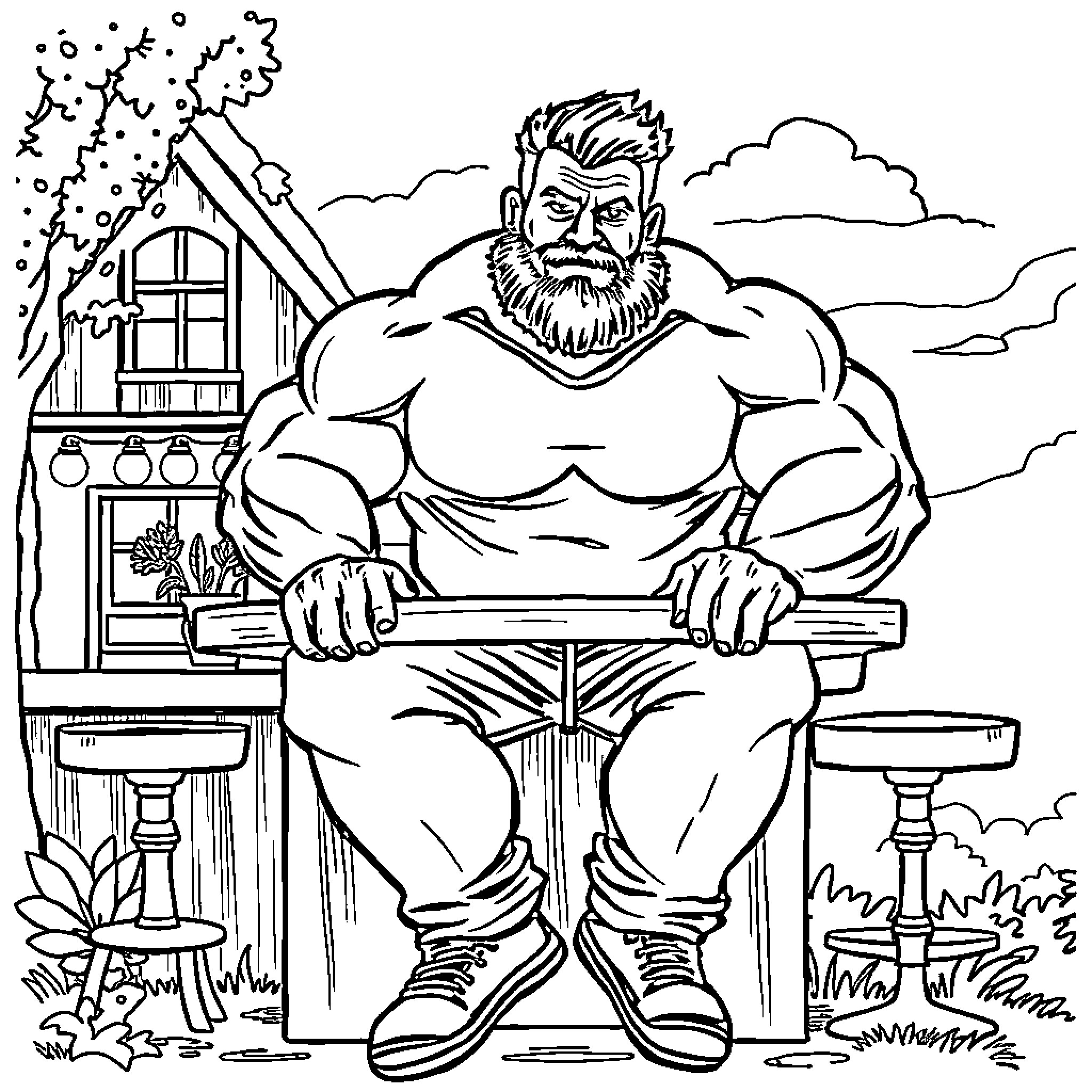 Man Sitting in Front of a Wooden Cabin Coloring Page (free black-and-white line drawing printable PDF for all, from beginners to advanced learners, including children, teens, adults, and seniors)