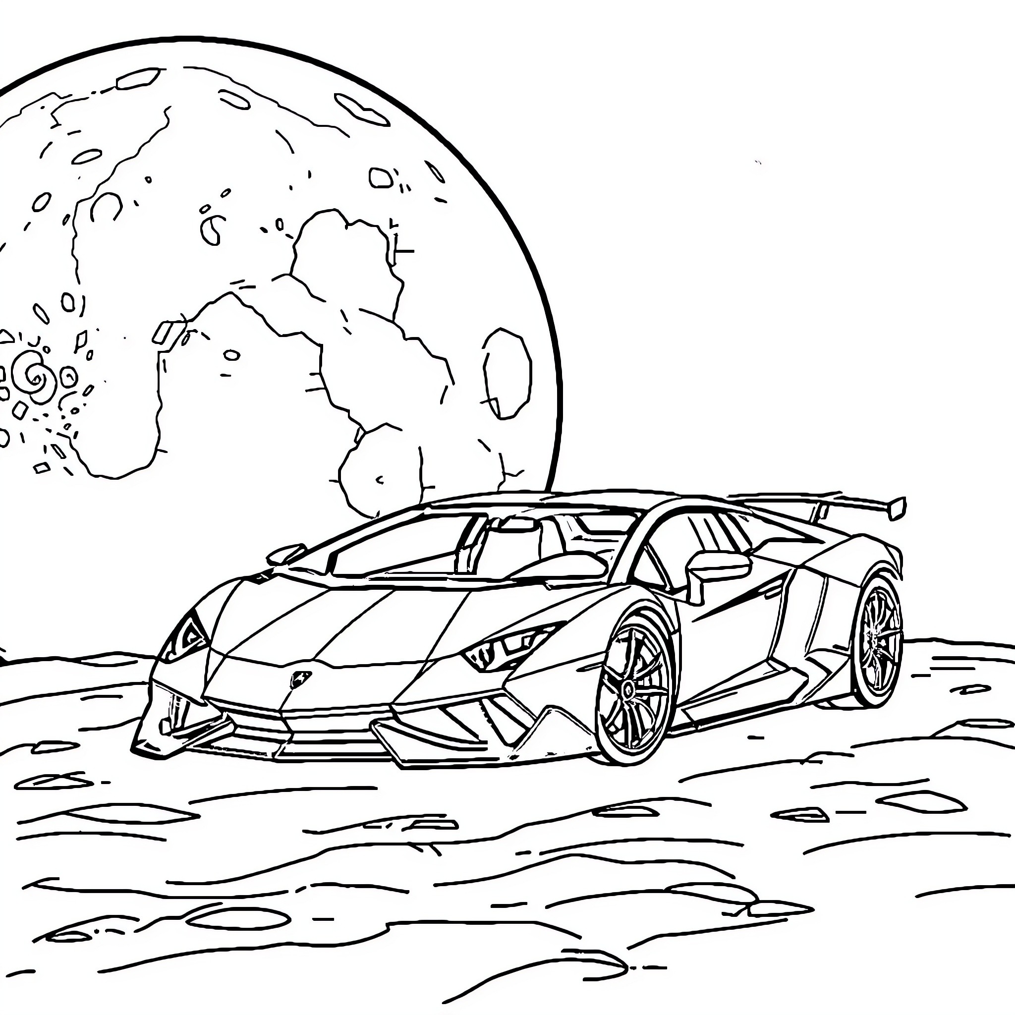 Lamborghini racing in the moonlight Coloring Page (free black-and-white line drawing printable PDF for all, from beginners to advanced learners, including children, teens, adults, and seniors)