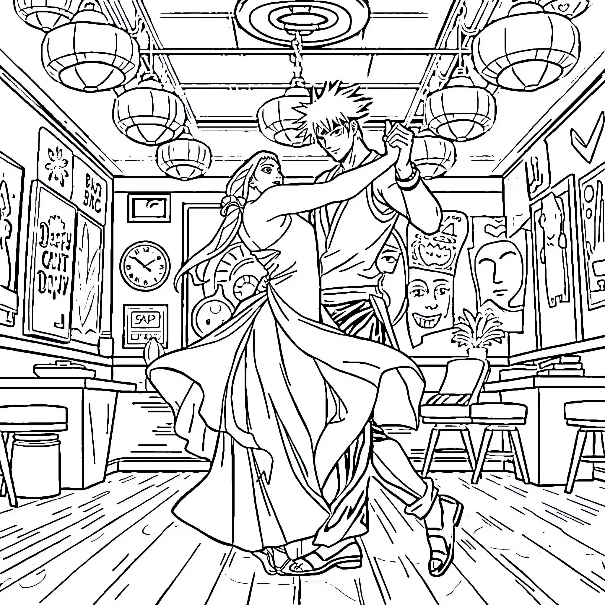 Sasuke and partner dancing in stylized cafe scene Coloring Page (free black-and-white line drawing printable PDF for all, from beginners to advanced learners, including children, teens, adults, and seniors)