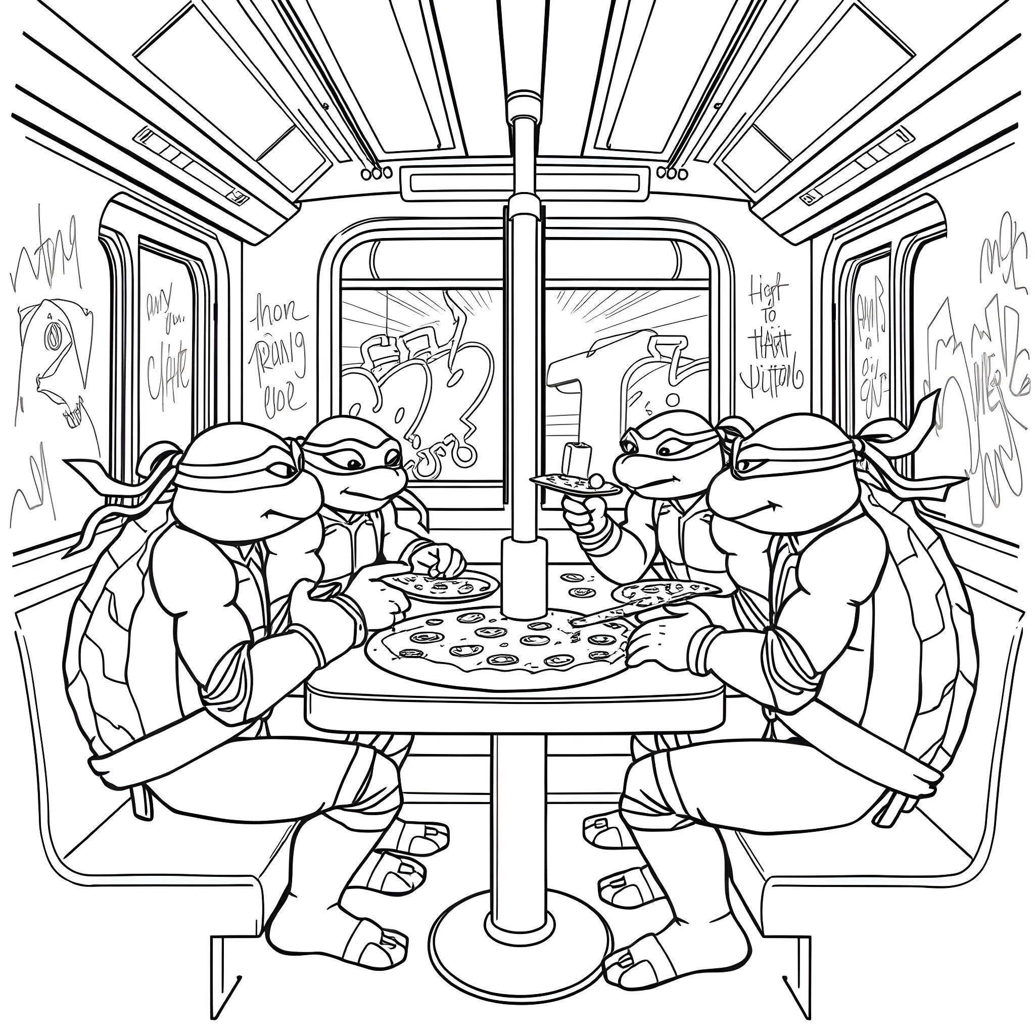 Teenage Mutant Ninja Turtles Enjoying a Slice of Pizza in the Subway Coloring Page (free black-and-white line drawing printable PDF for all, from beginners to advanced learners, including children, teens, adults, and seniors)