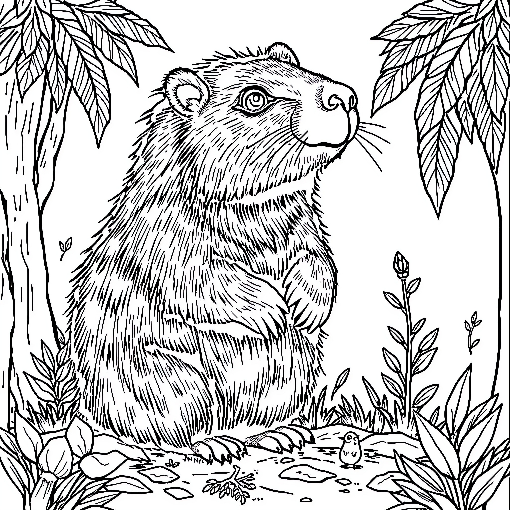 Capybara surrounded by lush foliage Coloring Page (free black-and-white line drawing printable PDF for all, from beginners to advanced learners, including children, teens, adults, and seniors)