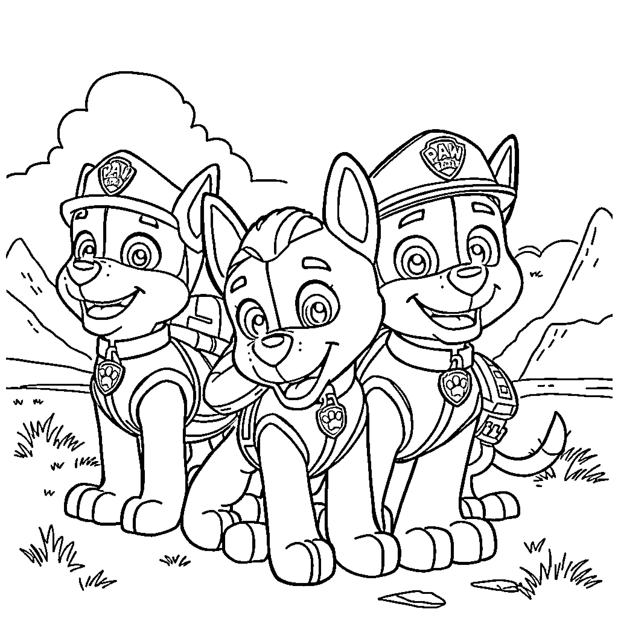 Paw Patrol pups on a mission in the great outdoors Coloring Page (free black-and-white line drawing printable PDF for all, from beginners to advanced learners, including children, teens, adults, and seniors)