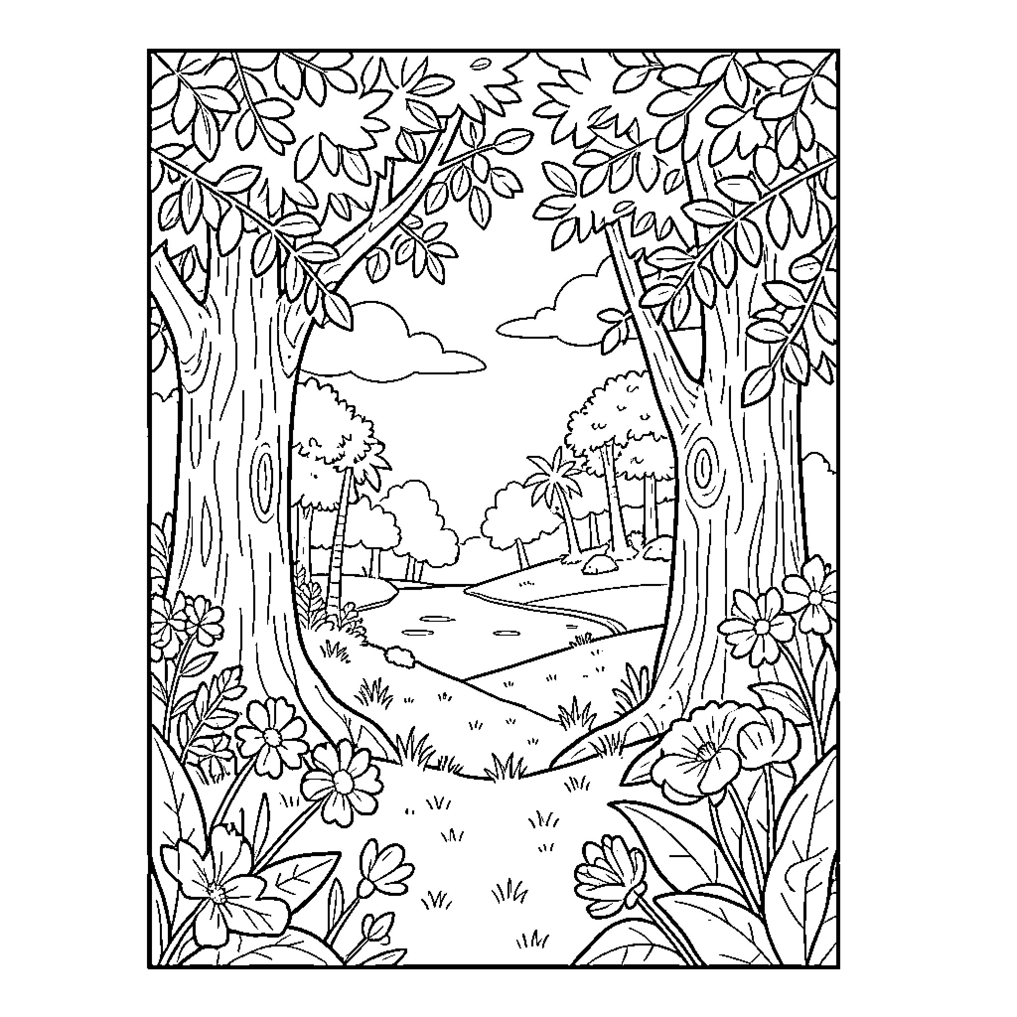 Pista of a peaceful forest landscape with trees and flowers Coloring Page (free black-and-white line drawing printable PDF for all, from beginners to advanced learners, including children, teens, adults, and seniors)