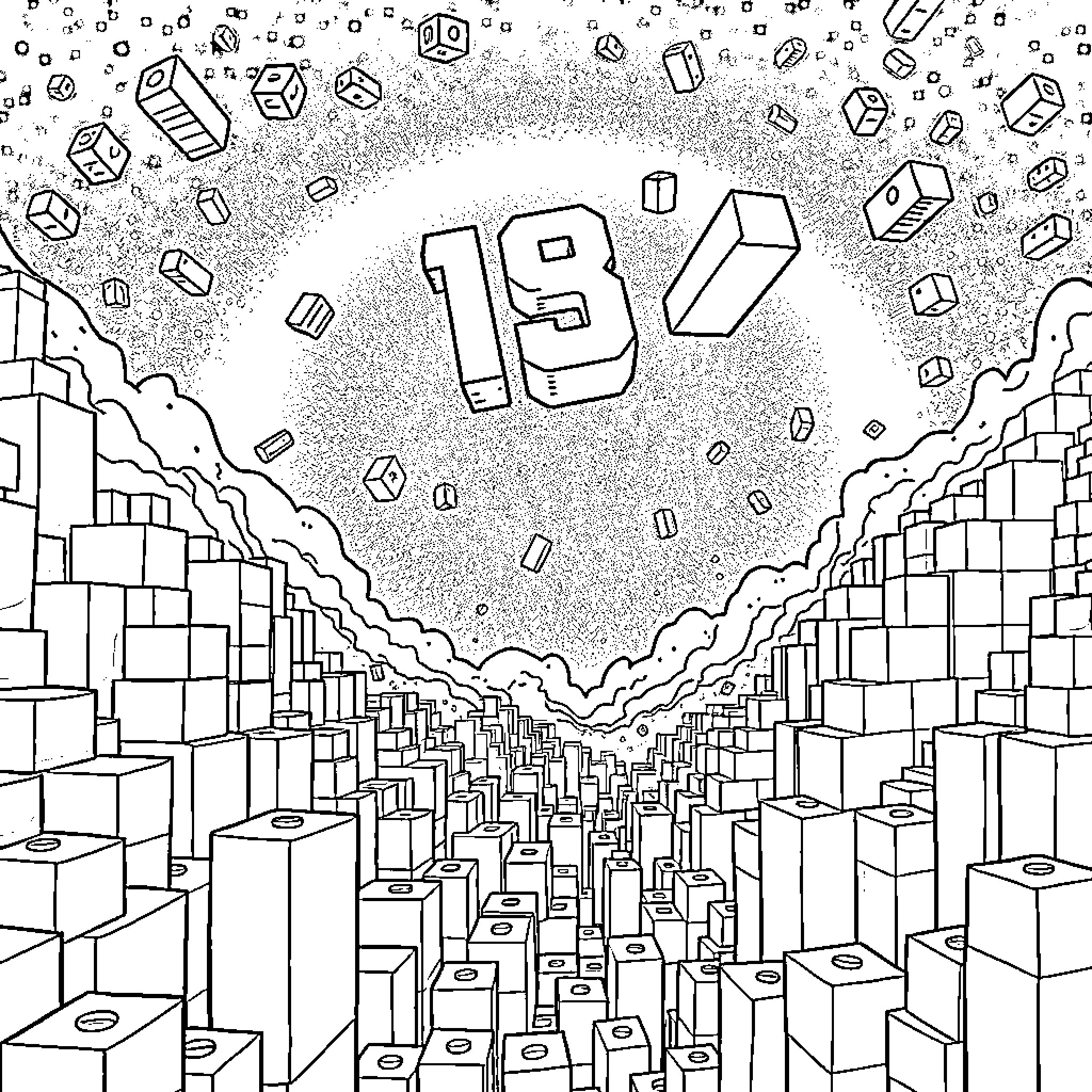 Minecraft world with geometric elements and the number 19 Coloring Page (free black-and-white line drawing printable PDF for all, from beginners to advanced learners, including children, teens, adults, and seniors)