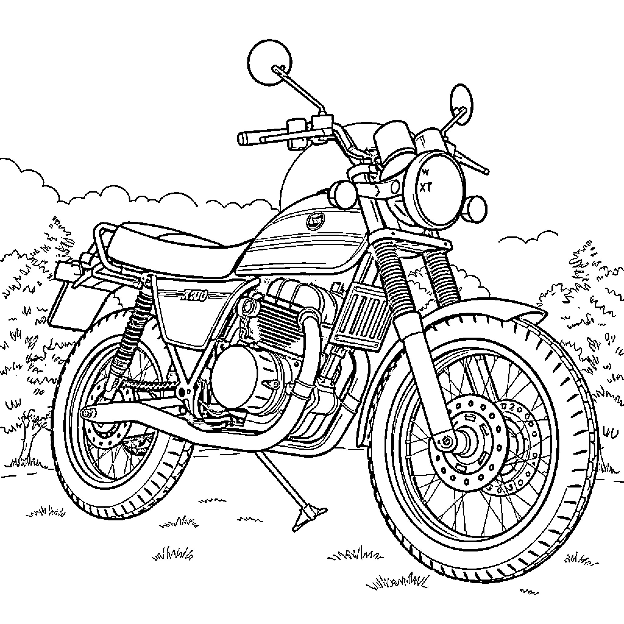 XT 500 Motorcycle Depicted in a Detailed Line Drawing Coloring Page (free black-and-white line drawing printable PDF for all, from beginners to advanced learners, including children, teens, adults, and seniors)