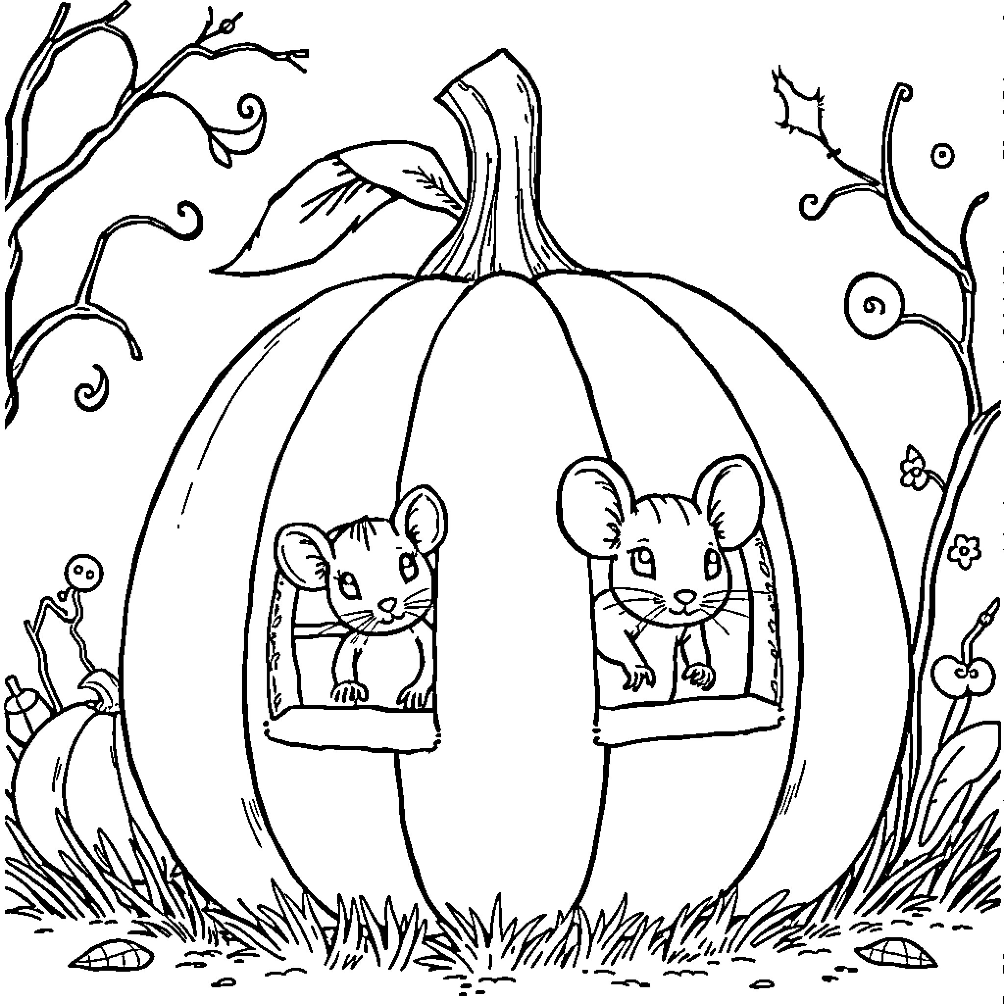 Mouse peeking out from pumpkin windows Coloring Page (free black-and-white line drawing printable PDF for all, from beginners to advanced learners, including children, teens, adults, and seniors)