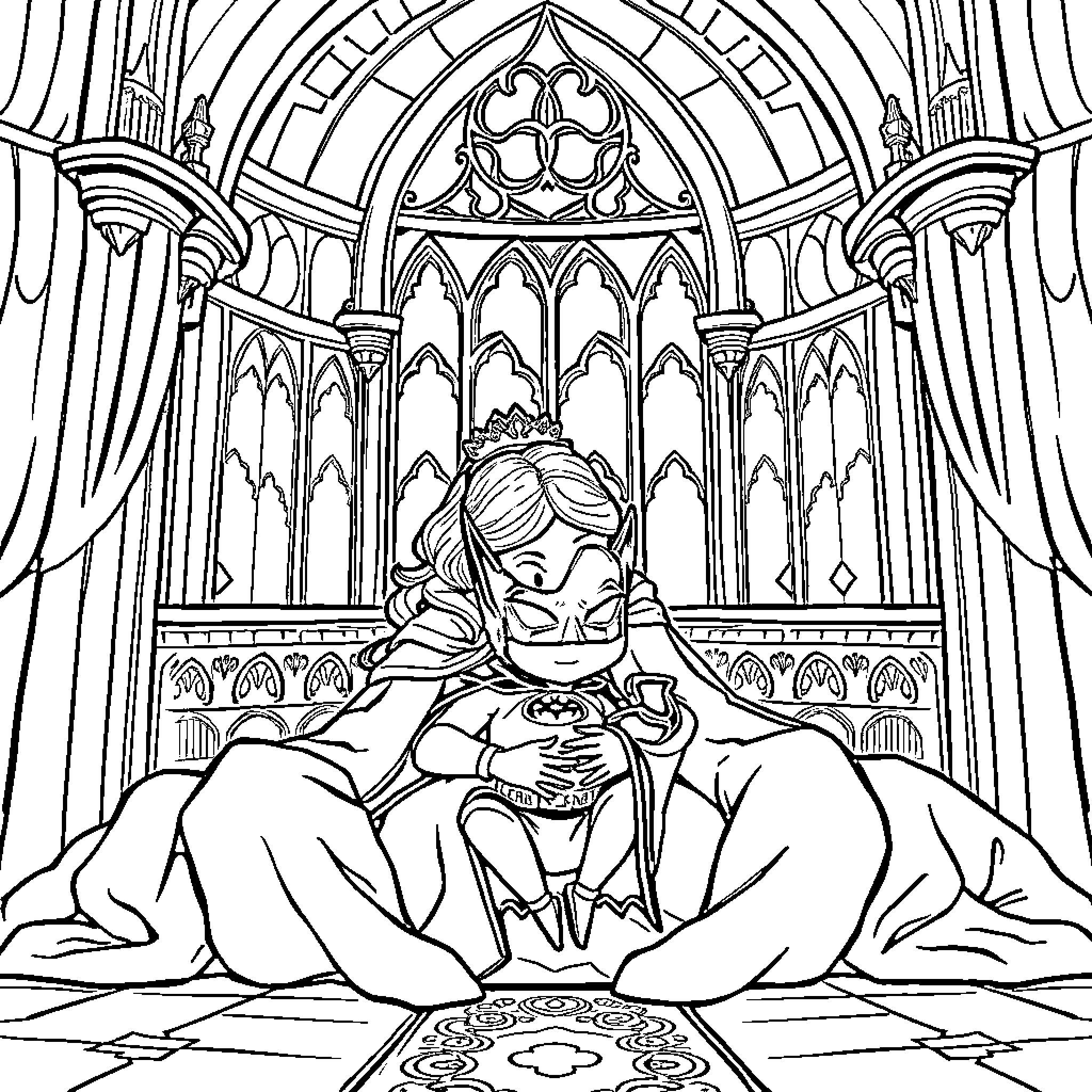 Princess in Contemplative Repose within Ornate Cathedral Coloring Page (free black-and-white line drawing printable PDF for all, from beginners to advanced learners, including children, teens, adults, and seniors)