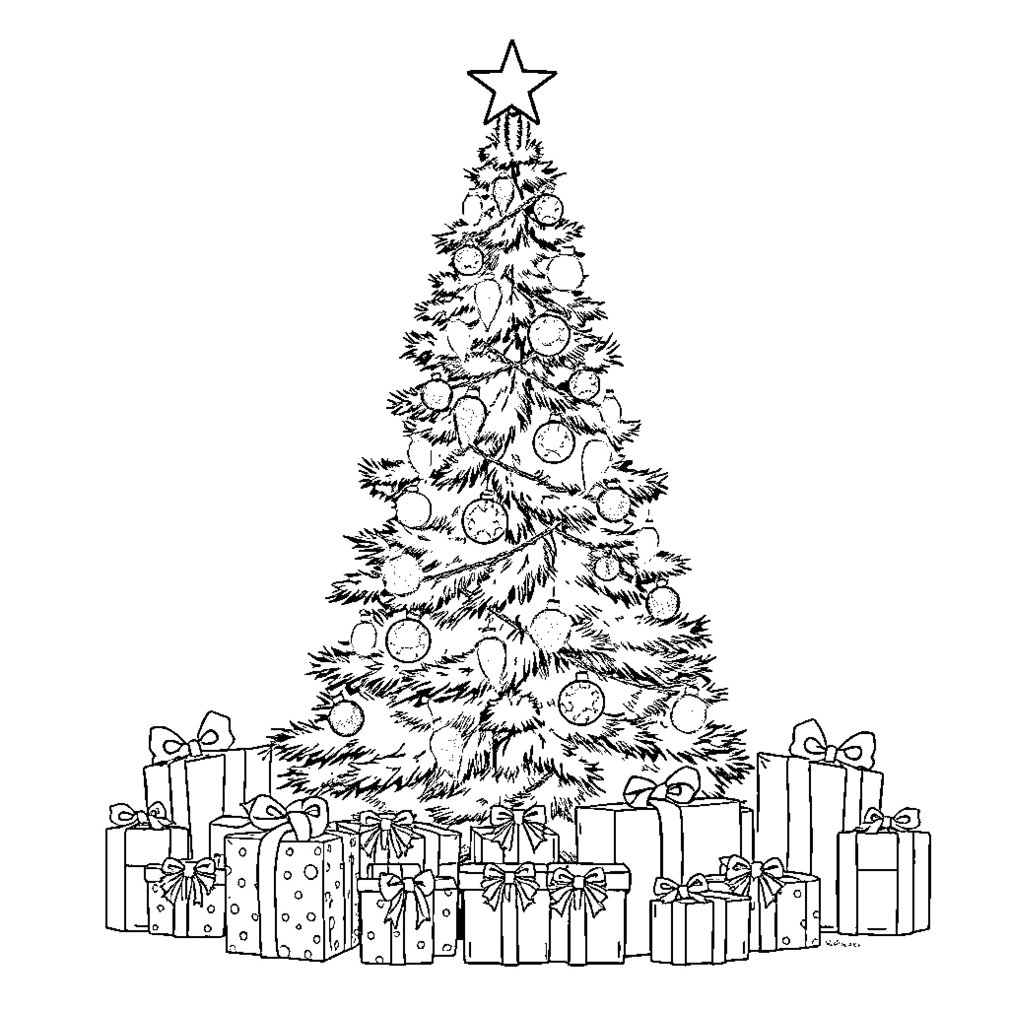 Christmas Tree with Festive Decorations and Presents Coloring Page (free black-and-white line drawing printable PDF for all, from beginners to advanced learners, including children, teens, adults, and seniors)