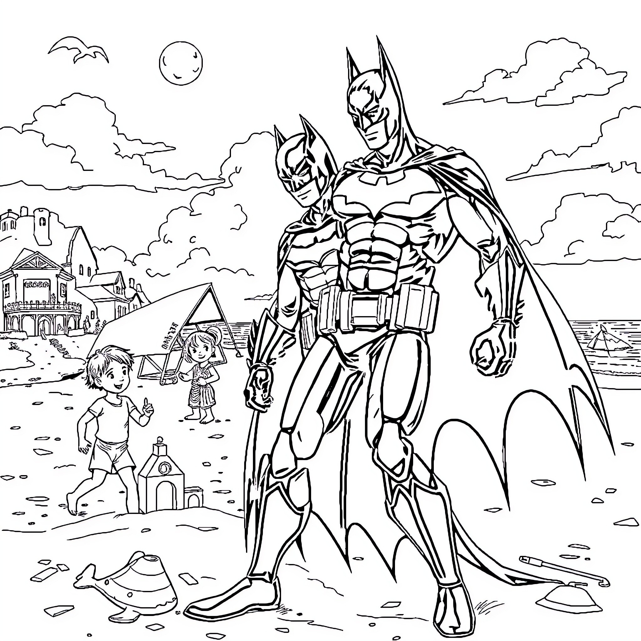 Batman's heroic presence in a small town Coloring Page (free black-and-white line drawing printable PDF for all, from beginners to advanced learners, including children, teens, adults, and seniors)