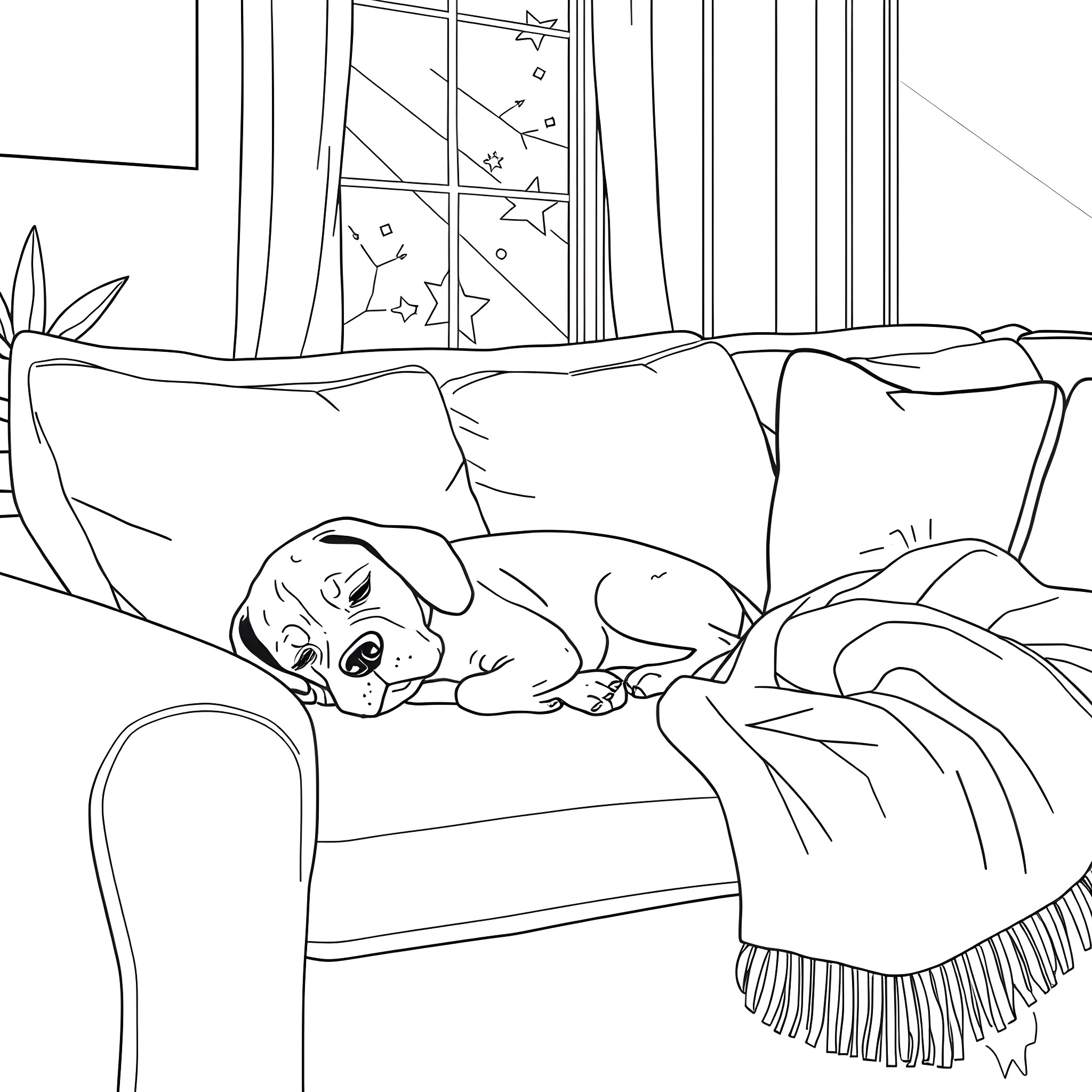 Beagle napping peacefully on the couch Coloring Page (free black-and-white line drawing printable PDF for all, from beginners to advanced learners, including children, teens, adults, and seniors)