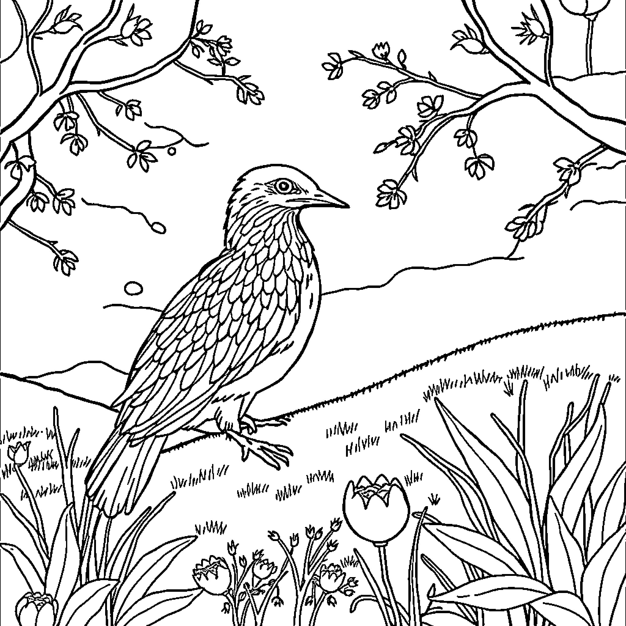 Camel sitting peacefully in a natural landscape Coloring Page (free black-and-white line drawing printable PDF for all, from beginners to advanced learners, including children, teens, adults, and seniors)