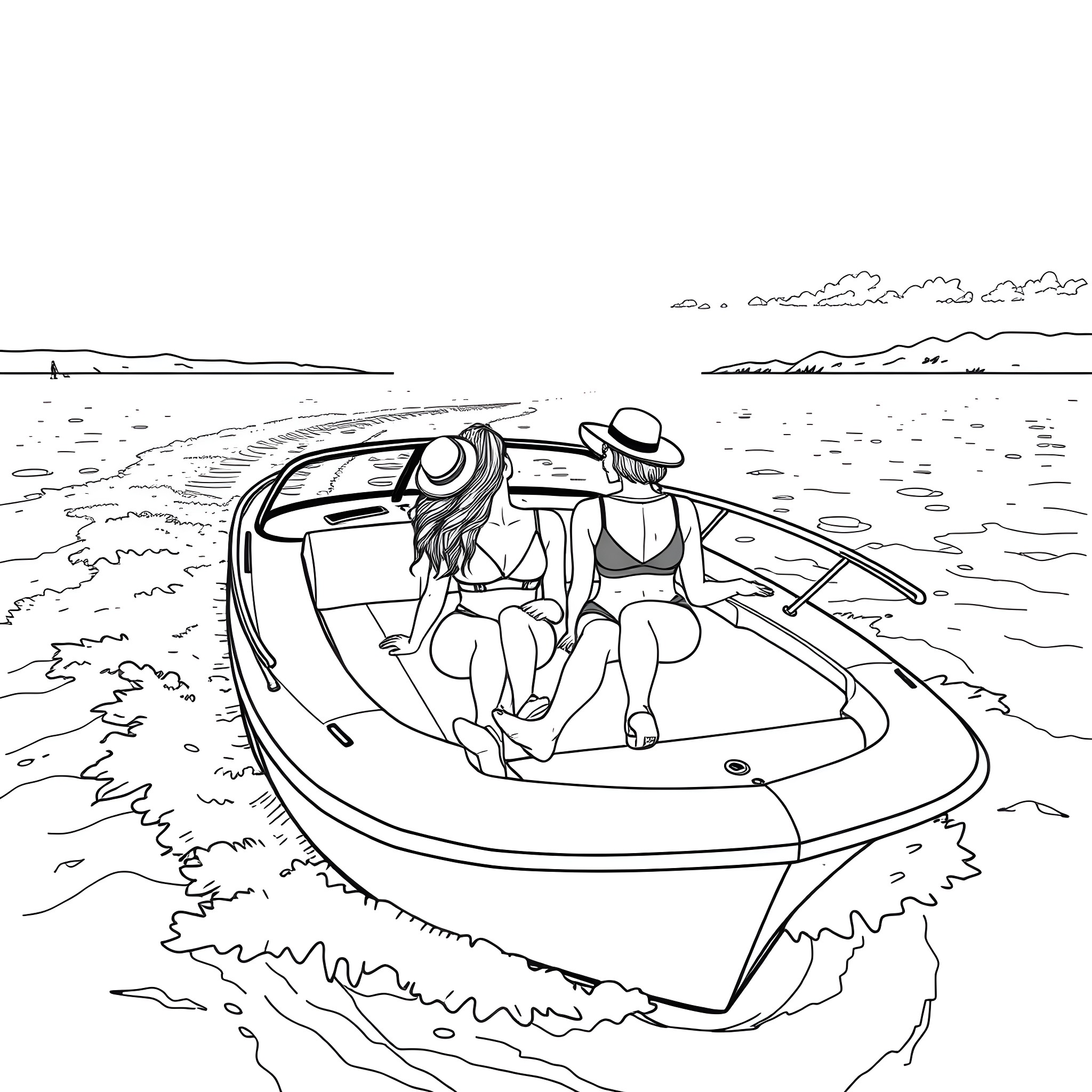 Woman relaxing in boat on water Coloring Page (free black-and-white line drawing printable PDF for all, from beginners to advanced learners, including children, teens, adults, and seniors)
