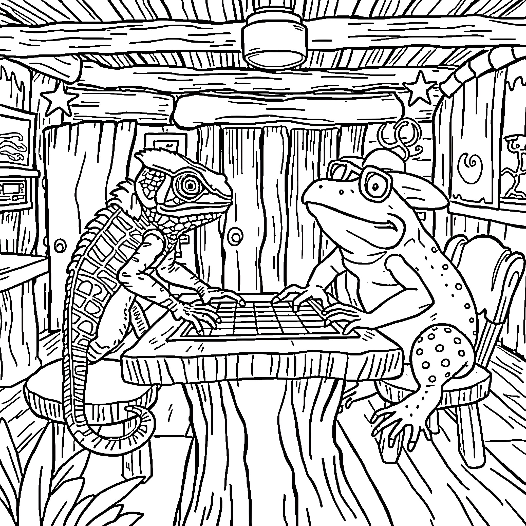 Chameleon and Frog Enjoying Cozy Cabin Atmosphere Coloring Page (free black-and-white line drawing printable PDF for all, from beginners to advanced learners, including children, teens, adults, and seniors)