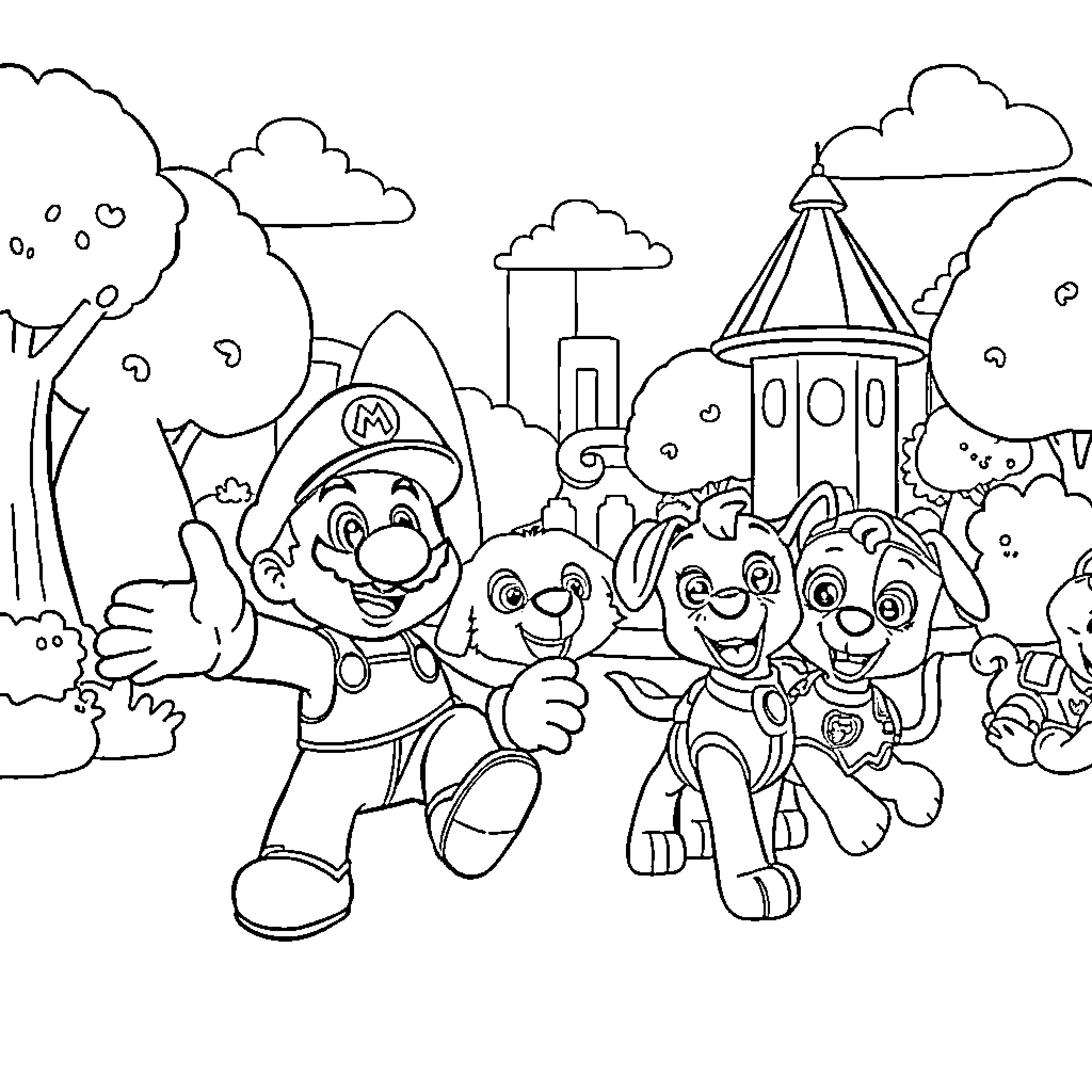 Super Mario and friends explore the carnival Coloring Page (free black-and-white line drawing printable PDF for all, from beginners to advanced learners, including children, teens, adults, and seniors)