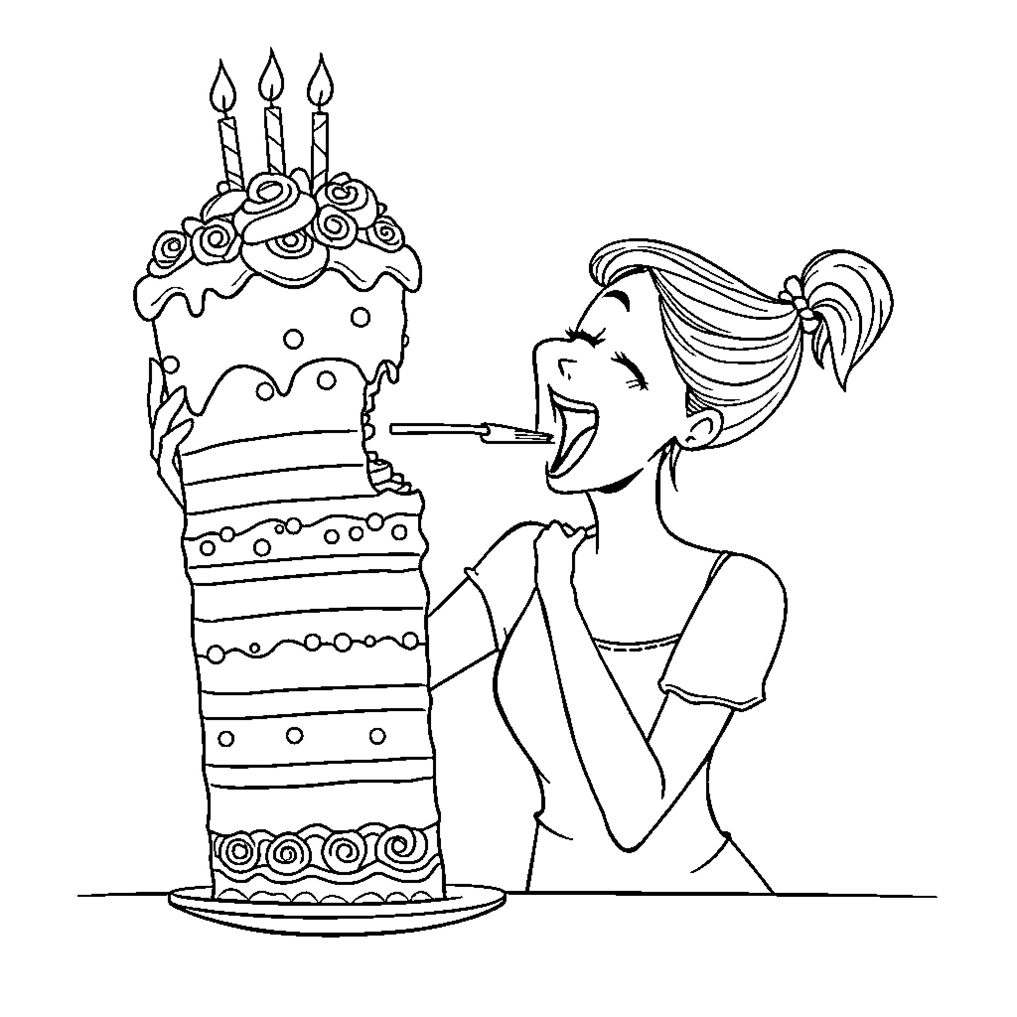 Woman blowing out birthday candles on cake Coloring Page (free black-and-white line drawing printable PDF for all, from beginners to advanced learners, including children, teens, adults, and seniors)