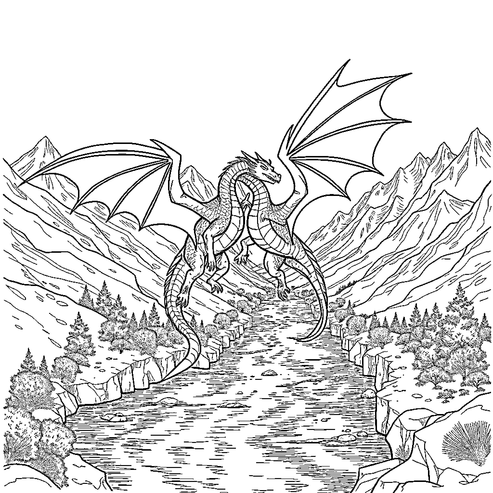 Dragon soaring over rugged mountain landscape Coloring Page (free black-and-white line drawing printable PDF for all, from beginners to advanced learners, including children, teens, adults, and seniors)