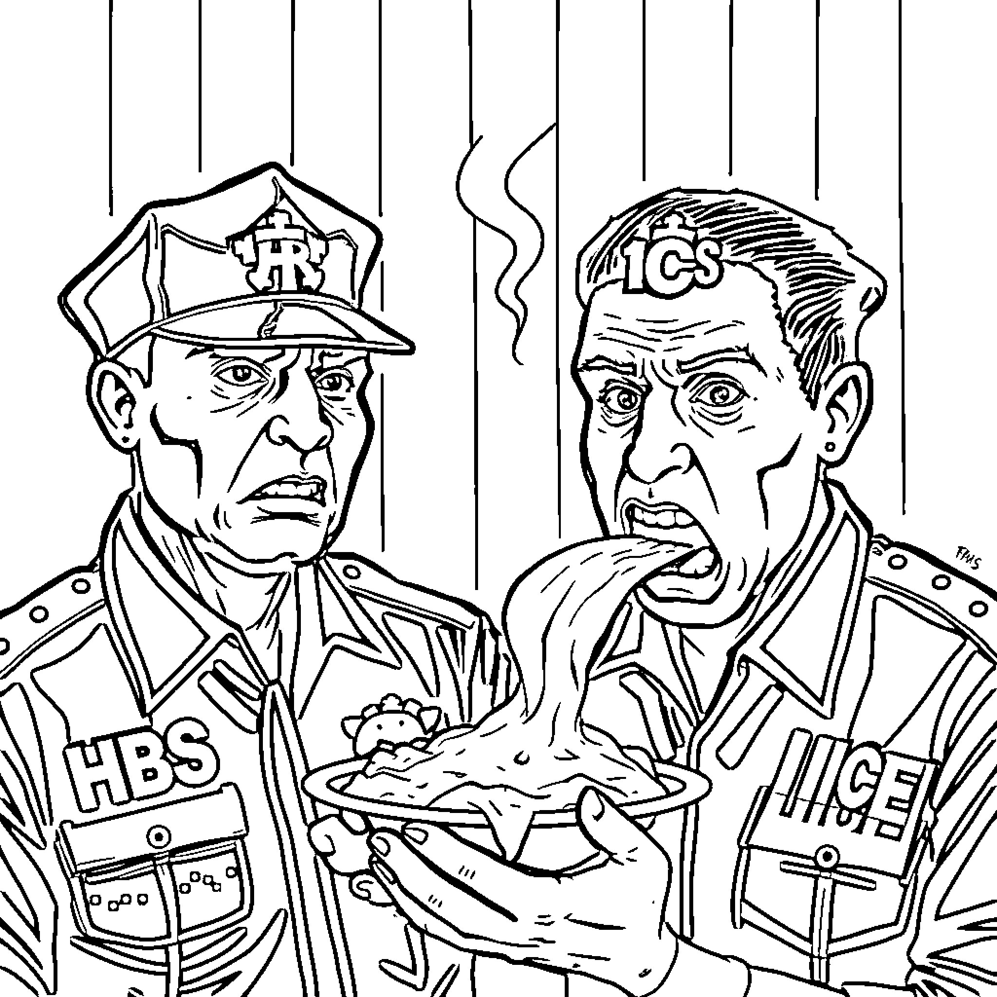 Agent Officers Confronting Suspect During Investigation Coloring Page (free black-and-white line drawing printable PDF for all, from beginners to advanced learners, including children, teens, adults, and seniors)