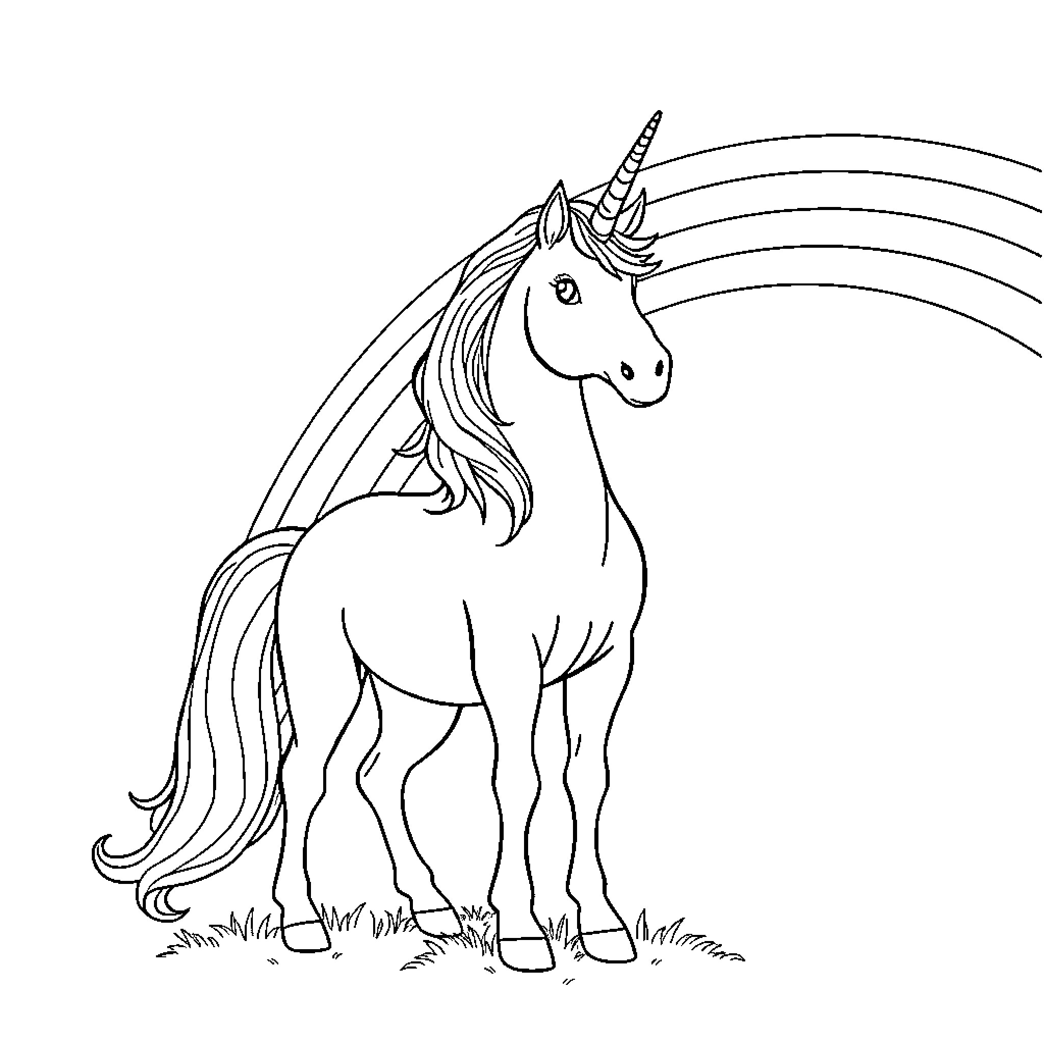 Unicorn with flowing mane and tail Coloring Page (free black-and-white line drawing printable PDF for all, from beginners to advanced learners, including children, teens, adults, and seniors)