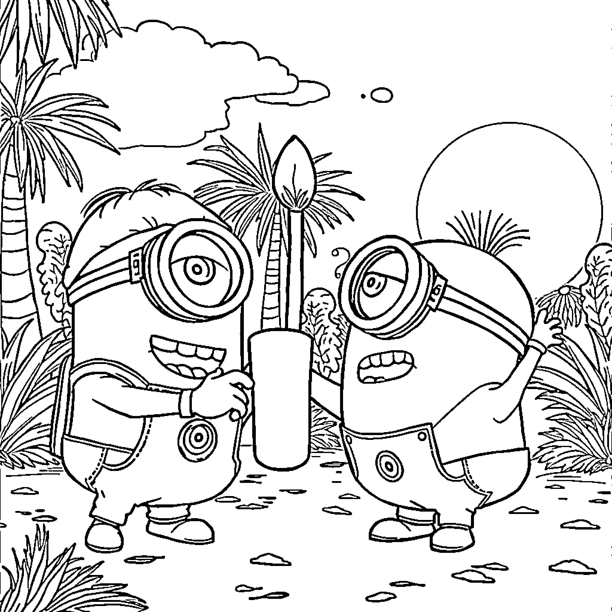Minions enjoying a tropical vacation Coloring Page (free black-and-white line drawing printable PDF for all, from beginners to advanced learners, including children, teens, adults, and seniors)