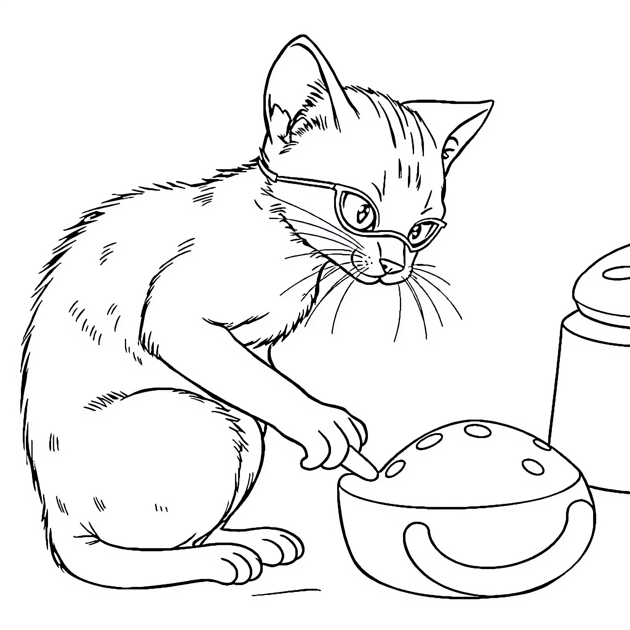 Kitten examining cute food bowl Coloring Page (free black-and-white line drawing printable PDF for all, from beginners to advanced learners, including children, teens, adults, and seniors)