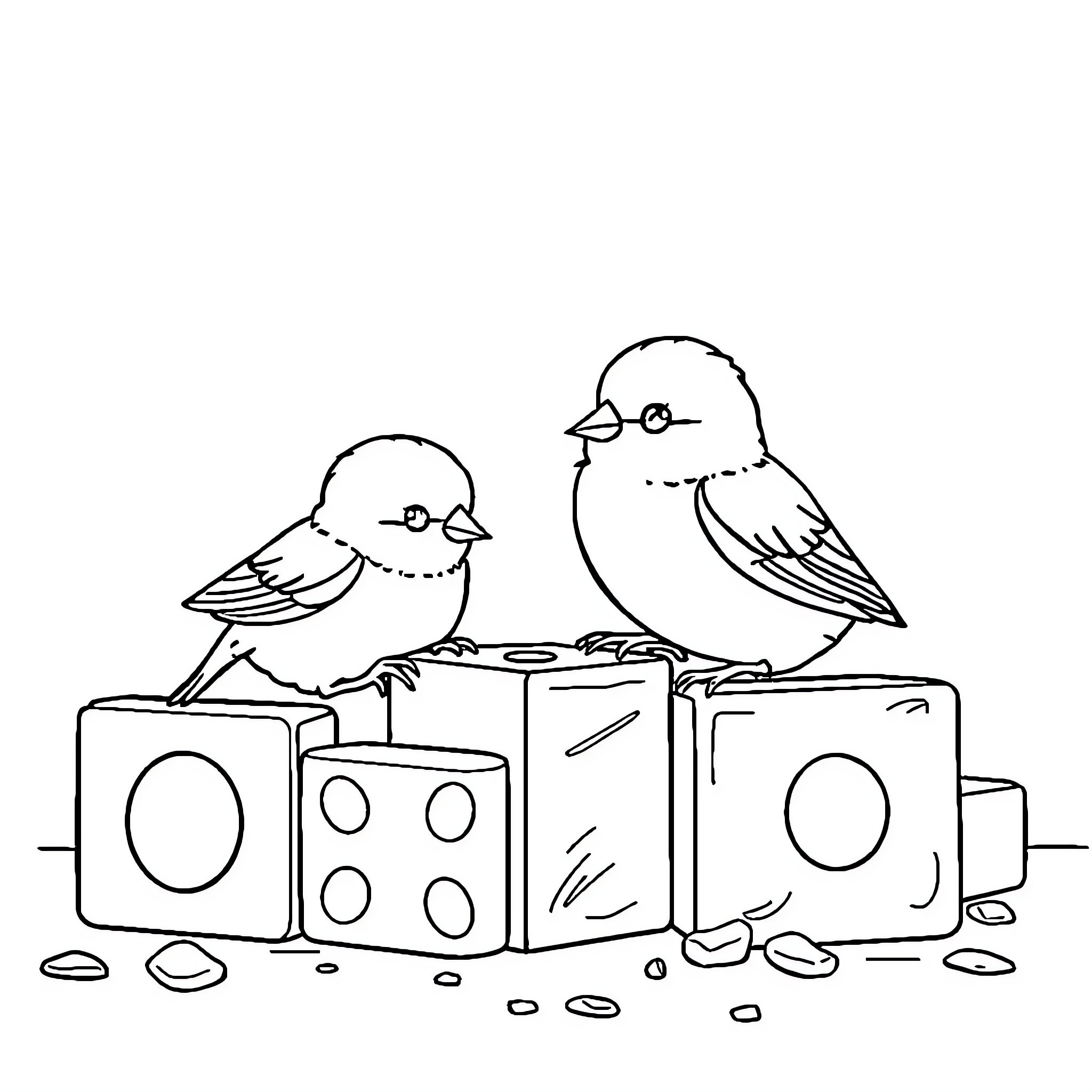 Birds perching on cubes with scattered objects Coloring Page (free black-and-white line drawing printable PDF for all, from beginners to advanced learners, including children, teens, adults, and seniors)