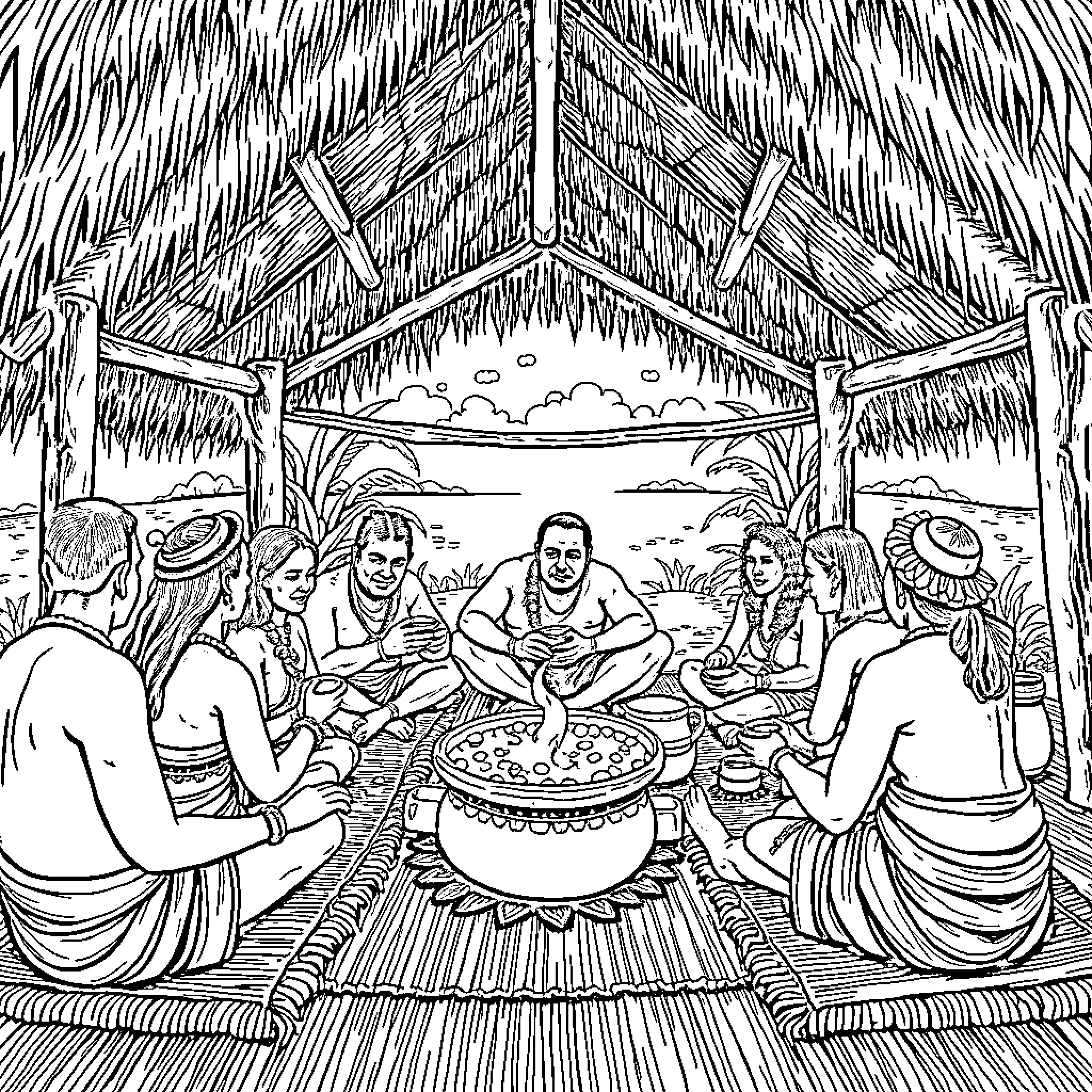 Kava Gathering Under Thatched Hut Coloring Page (free black-and-white line drawing printable PDF for all, from beginners to advanced learners, including children, teens, adults, and seniors)