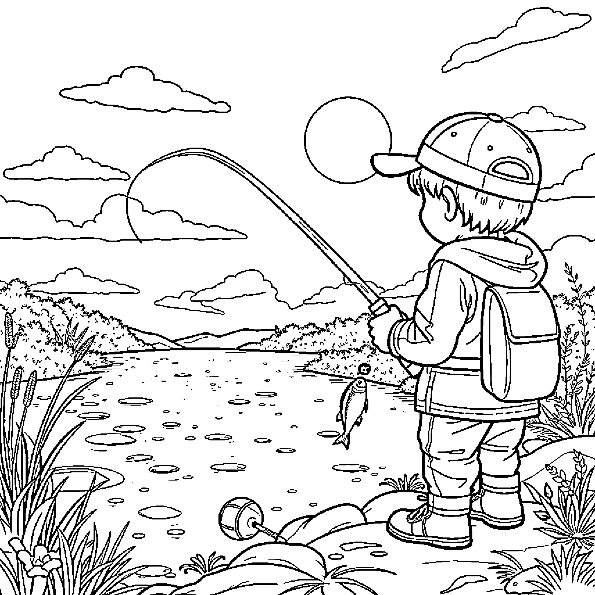 Child fishing happily by the lake Coloring Page (free black-and-white line drawing printable PDF for all, from beginners to advanced learners, including children, teens, adults, and seniors)
