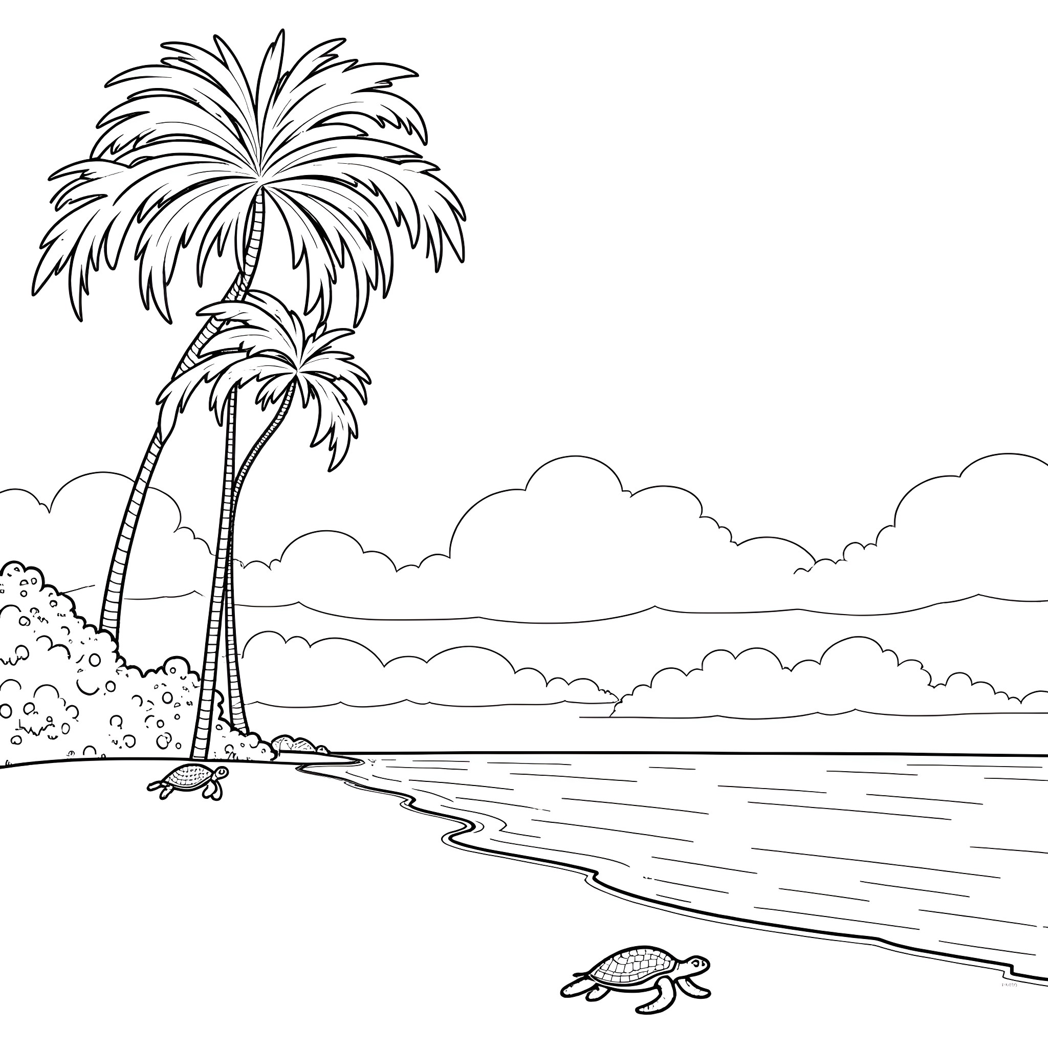 Turtle relaxing on a tropical beach Coloring Page (free black-and-white line drawing printable PDF for all, from beginners to advanced learners, including children, teens, adults, and seniors)