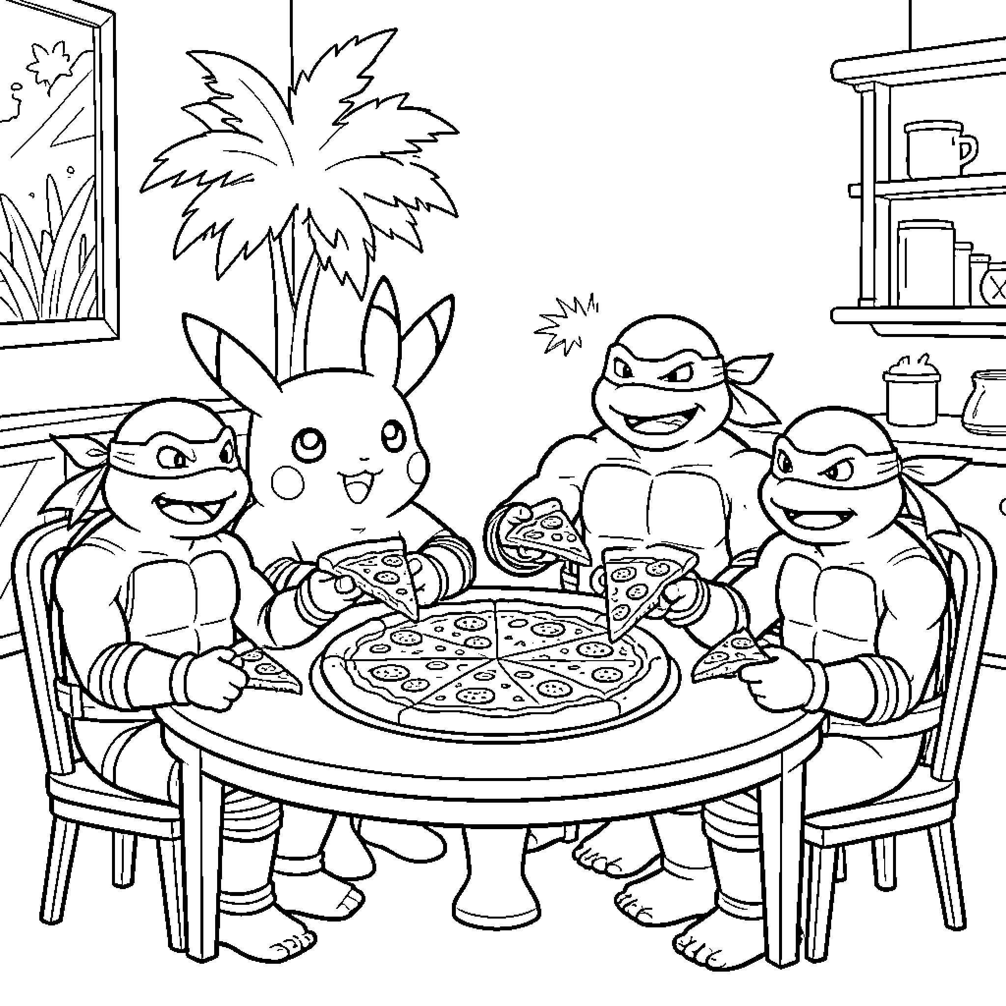 Pikachu eating pizza with the Teenage Mutant Ninja Turtles Coloring Page (free black-and-white line drawing printable PDF for all, from beginners to advanced learners, including children, teens, adults, and seniors)