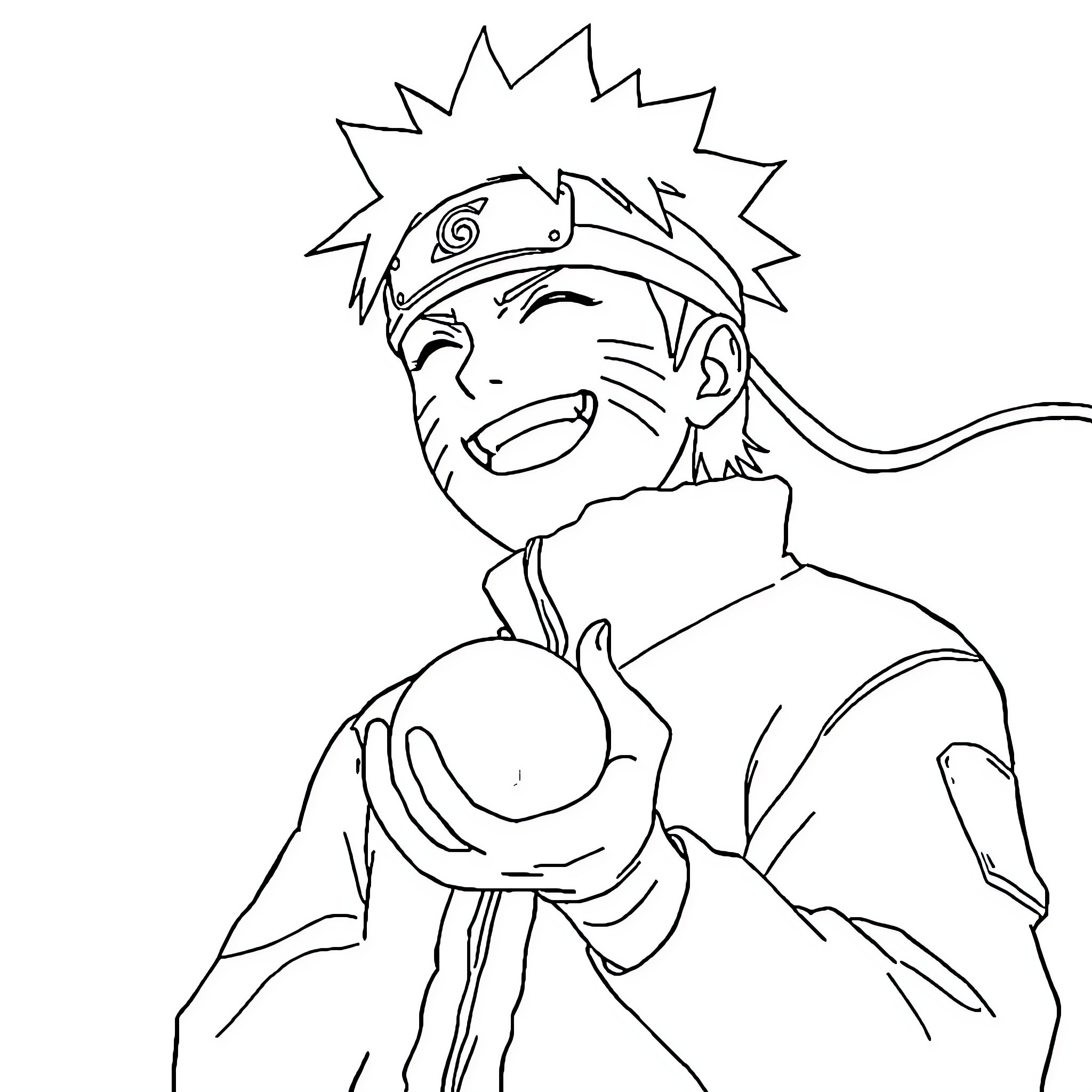 Naruto Smiling Excitedly in Action Pose Coloring Page (free black-and-white line drawing printable PDF for all, from beginners to advanced learners, including children, teens, adults, and seniors)