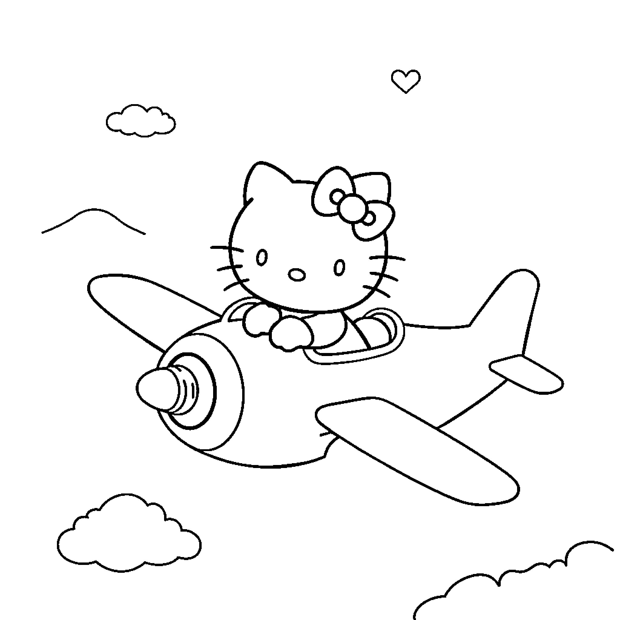 Hello Kitty flying happily in an airplane Coloring Page (free black-and-white line drawing printable PDF for all, from beginners to advanced learners, including children, teens, adults, and seniors)