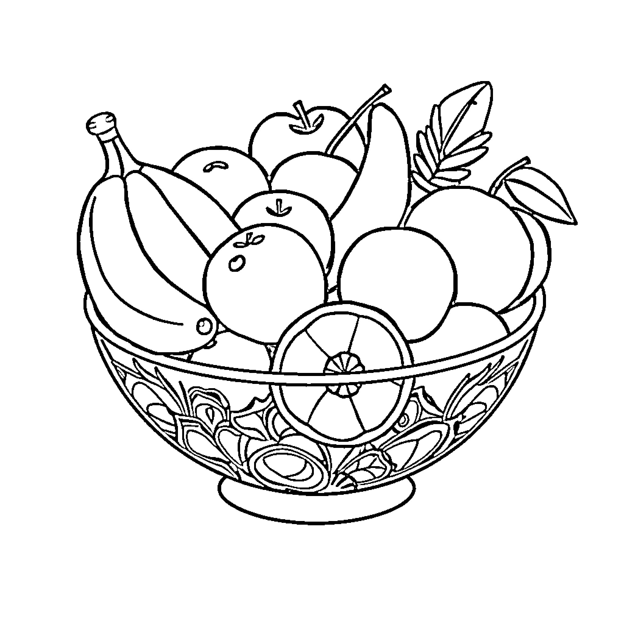 Fruit Bowl with Assorted Produce Coloring Page (free black-and-white line drawing printable PDF for all, from beginners to advanced learners, including children, teens, adults, and seniors)