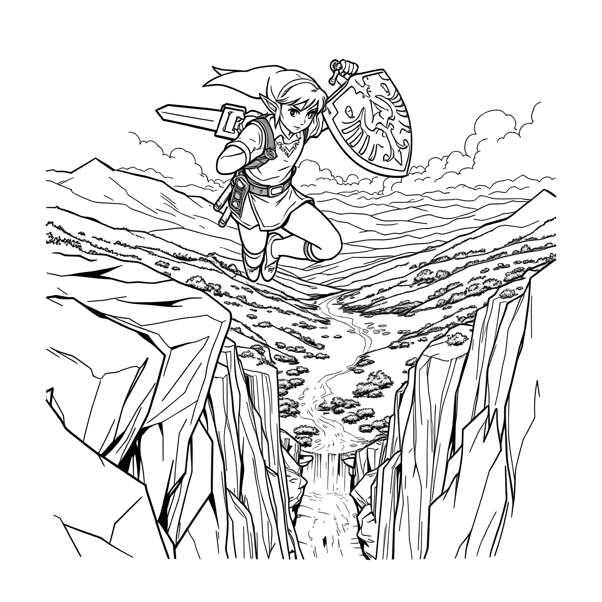 Link Leaping over a Chasm Coloring Page (free black-and-white line drawing printable PDF for all, from beginners to advanced learners, including children, teens, adults, and seniors)