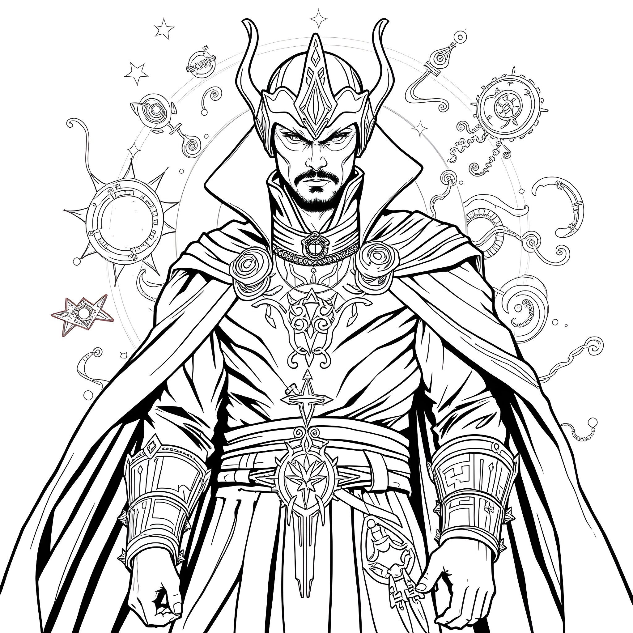 Doctor Strangefate: Sorcerer of Cosmic Mysteries Coloring Page (free black-and-white line drawing printable PDF for all, from beginners to advanced learners, including children, teens, adults, and seniors)