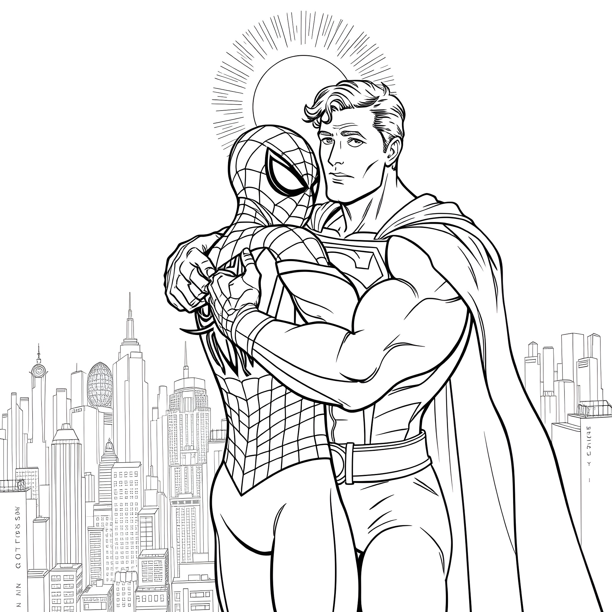 Spider-Man protecting the city with a superhero partner Coloring Page (free black-and-white line drawing printable PDF for all, from beginners to advanced learners, including children, teens, adults, and seniors)