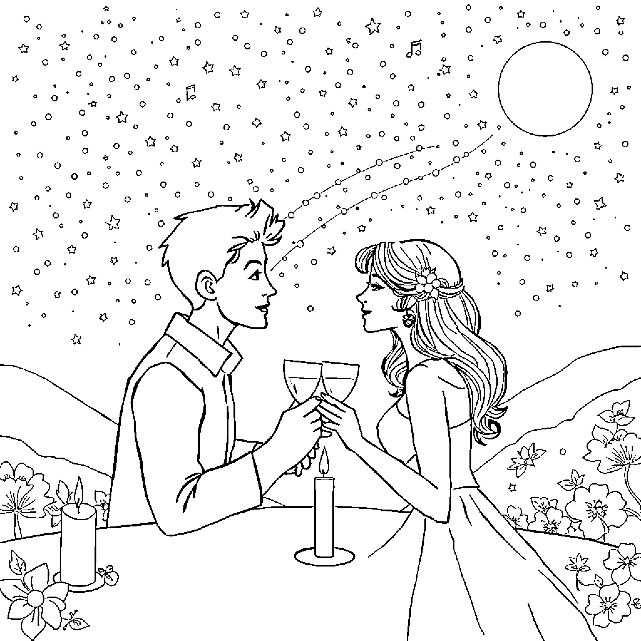 Date night under the stars Coloring Page (free black-and-white line drawing printable PDF for all, from beginners to advanced learners, including children, teens, adults, and seniors)