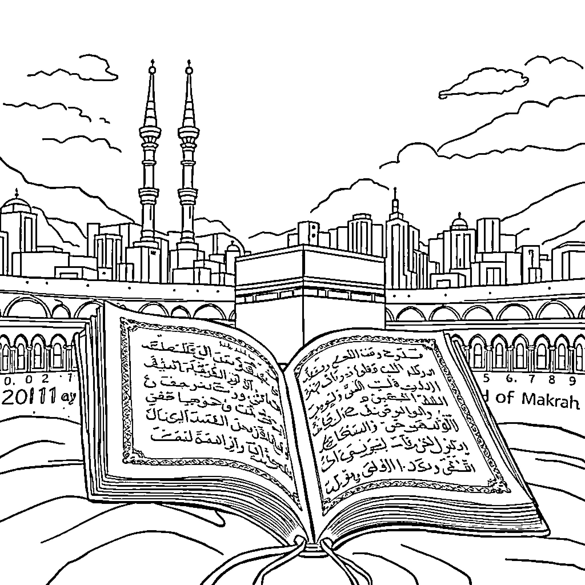 Quran teachings in the holy city of Makkah Coloring Page (free black-and-white line drawing printable PDF for all, from beginners to advanced learners, including children, teens, adults, and seniors)