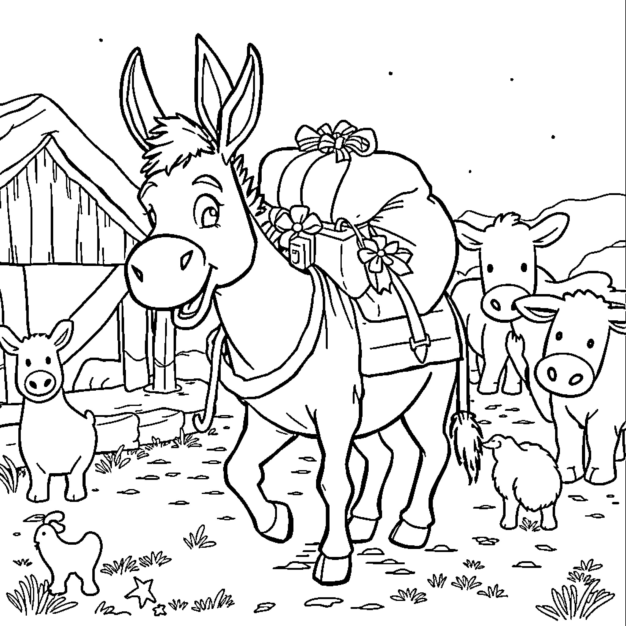 Donkey carrying a gift in a farm setting Coloring Page (free black-and-white line drawing printable PDF for all, from beginners to advanced learners, including children, teens, adults, and seniors)