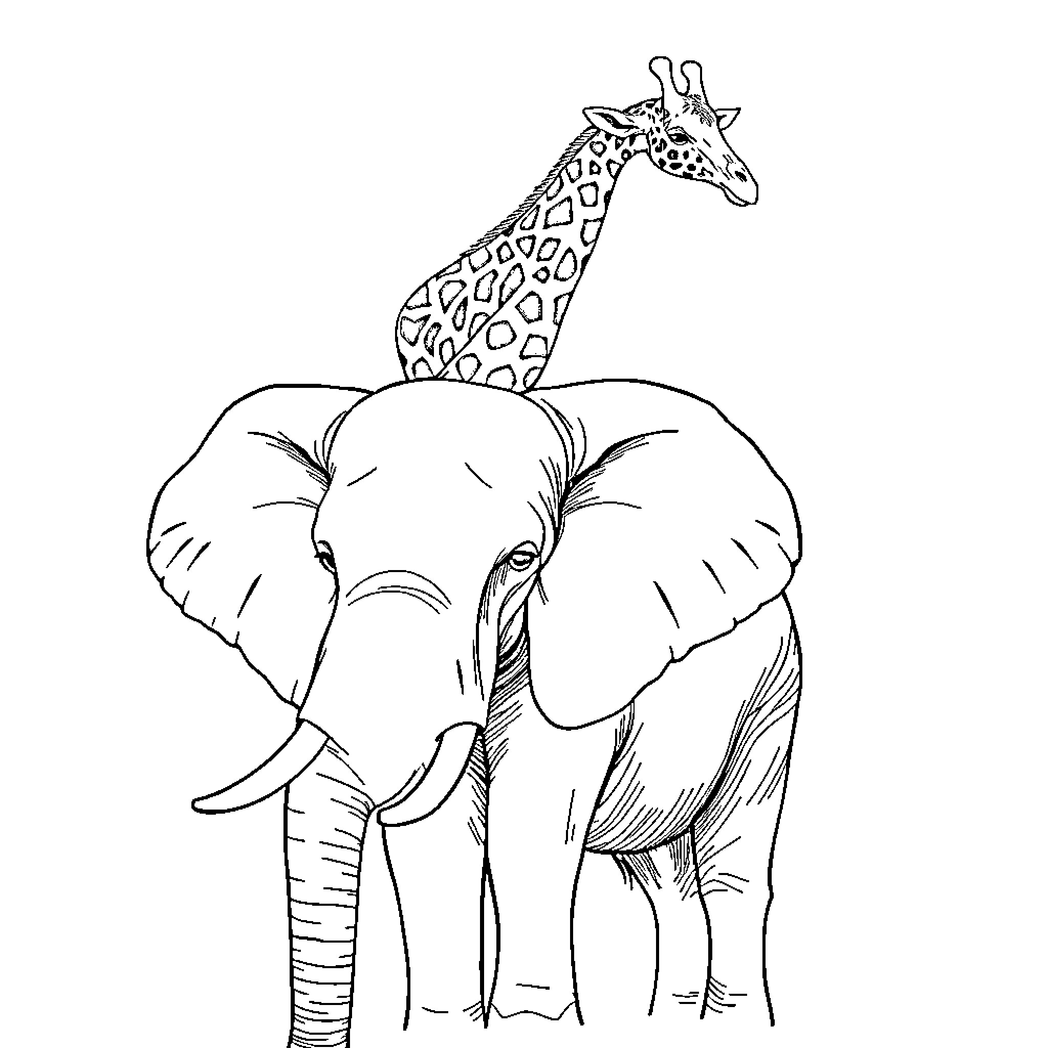 Giraffe and Elephant Interacting Curiously Coloring Page (free black-and-white line drawing printable PDF for all, from beginners to advanced learners, including children, teens, adults, and seniors)
