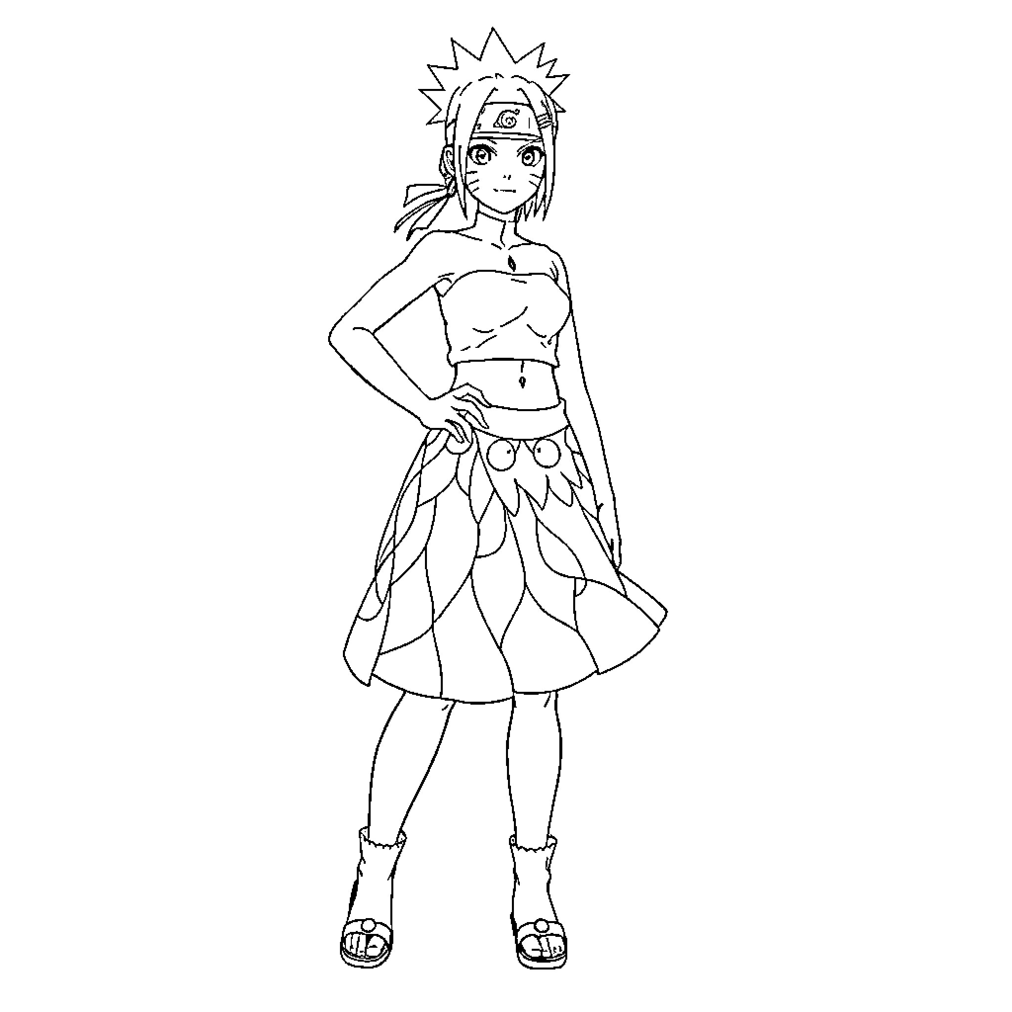 Naruto character in a unique outfit and pose Coloring Page (free black-and-white line drawing printable PDF for all, from beginners to advanced learners, including children, teens, adults, and seniors)