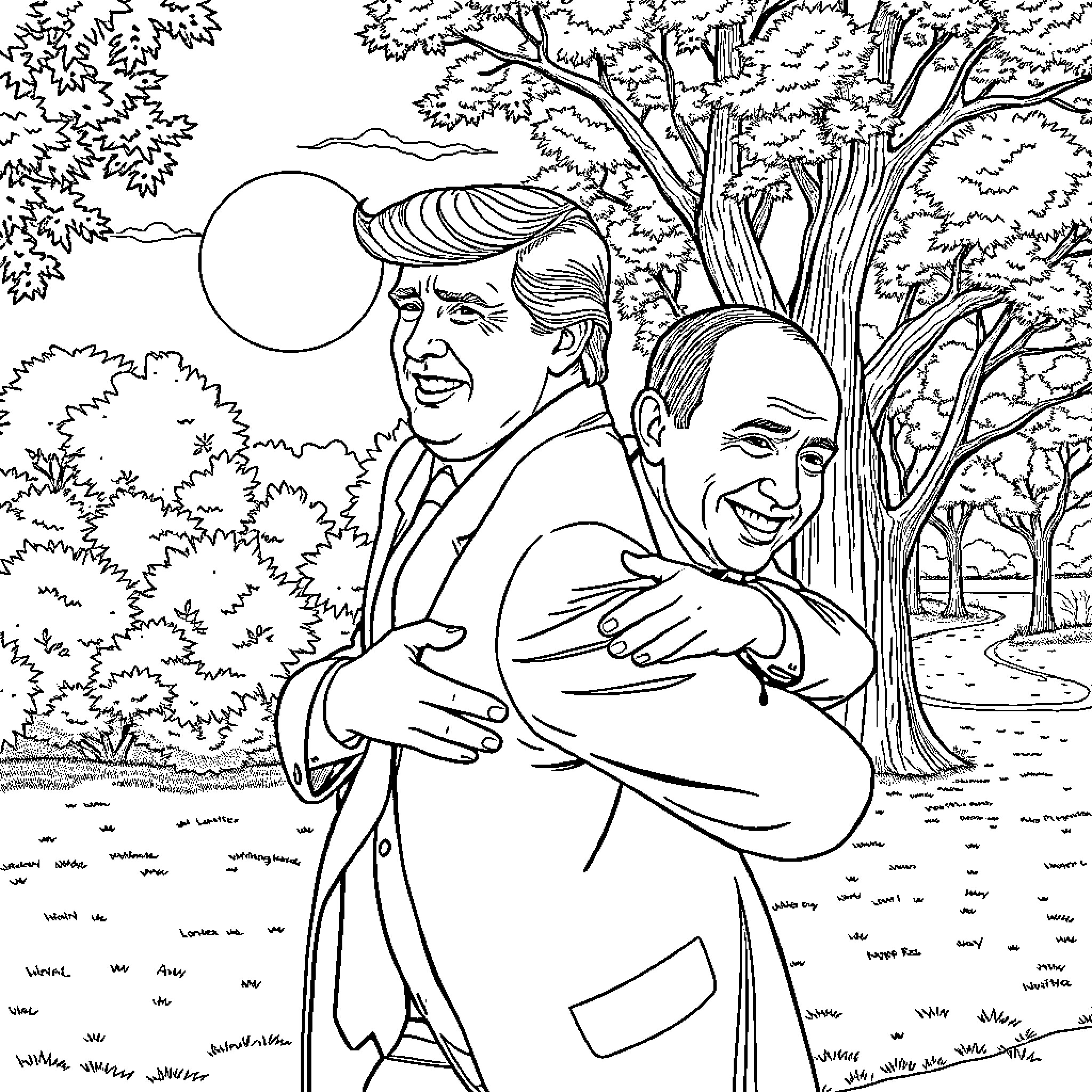 Trump embraces Obama in a warm gesture Coloring Page (free black-and-white line drawing printable PDF for all, from beginners to advanced learners, including children, teens, adults, and seniors)