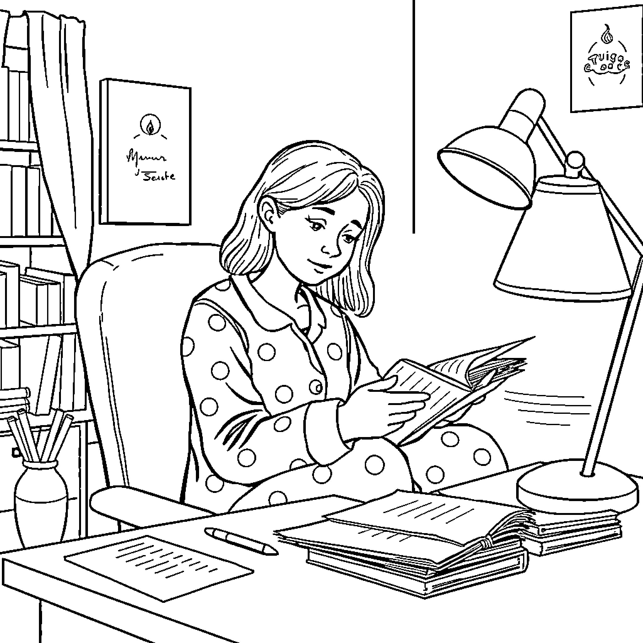Teacher reading books in her cozy classroom Coloring Page (free black-and-white line drawing printable PDF for all, from beginners to advanced learners, including children, teens, adults, and seniors)