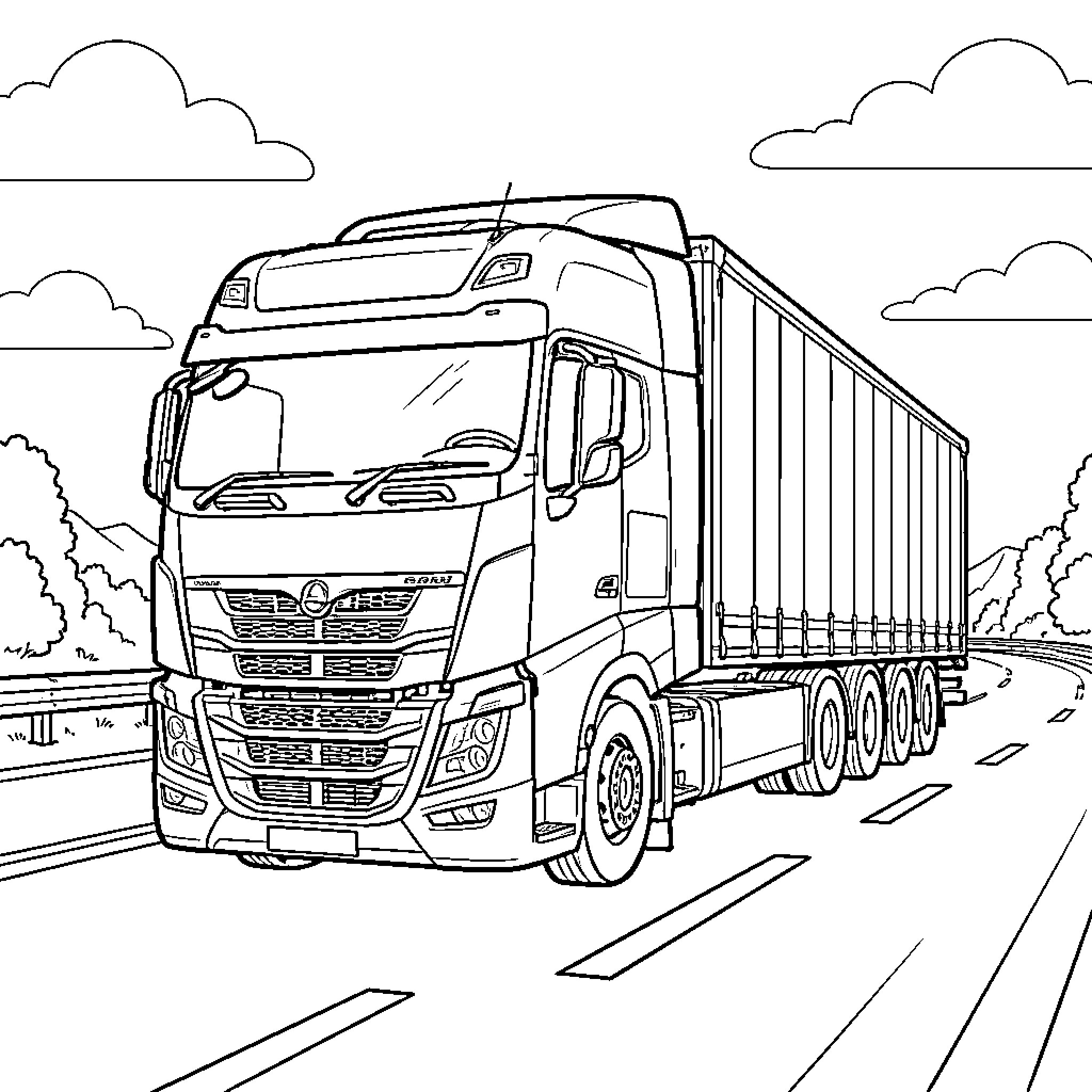 Camion driving on a highway through the countryside Coloring Page (free black-and-white line drawing printable PDF for all, from beginners to advanced learners, including children, teens, adults, and seniors)